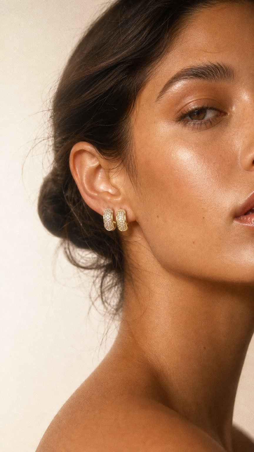 AI product shot of Champagne Brown Diamond Huggie Hoop Earrings, Chunky Pavé Hoops in 14K Gold Vermeil Sterling Silver, Natural Diamond Earrings