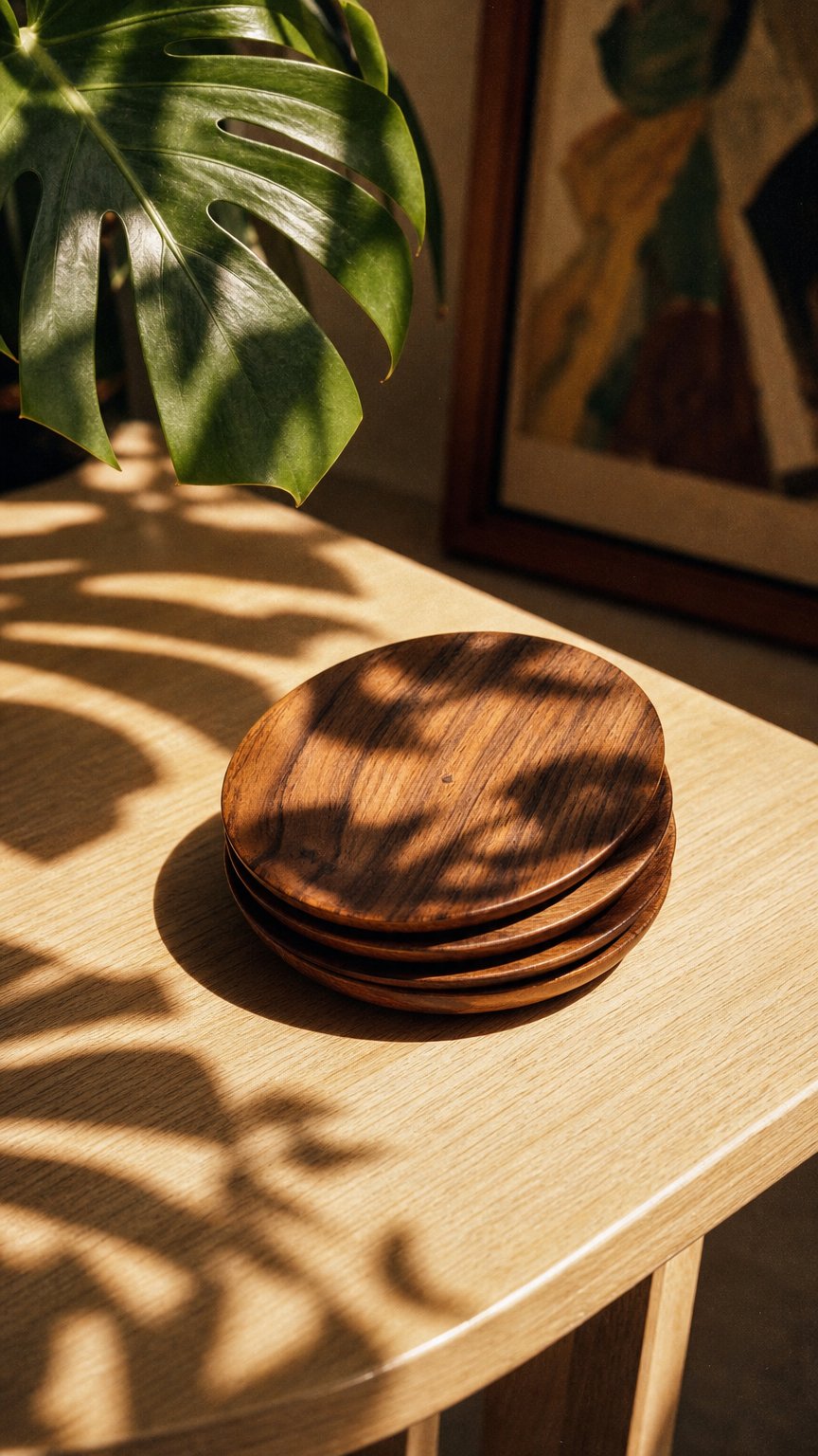 AI product shot of Teak Coasters - set of 4