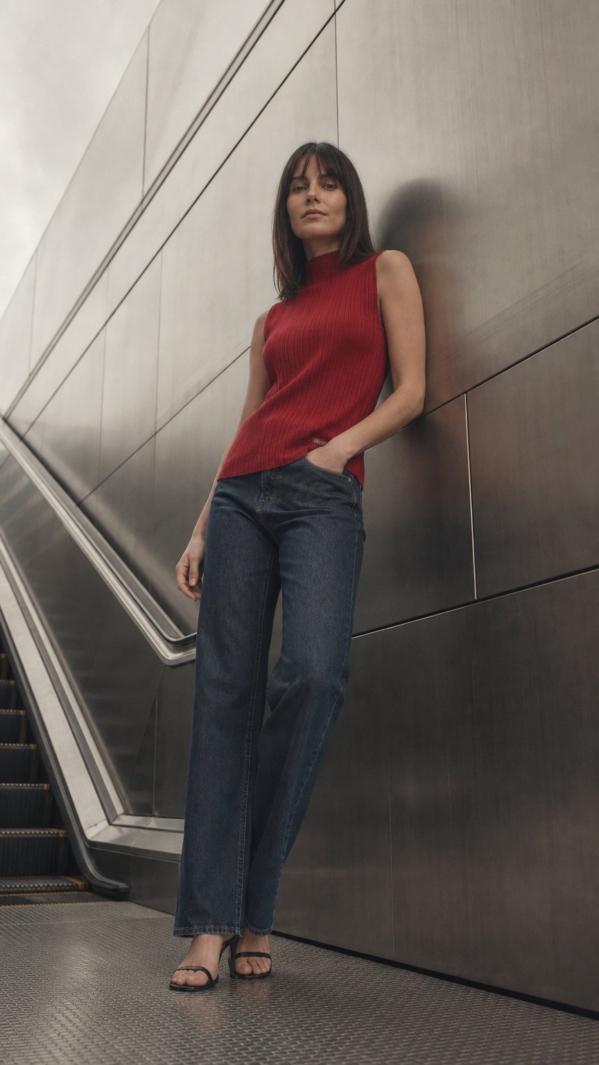 AI product shot of Red Ribbed Mock Neck Top