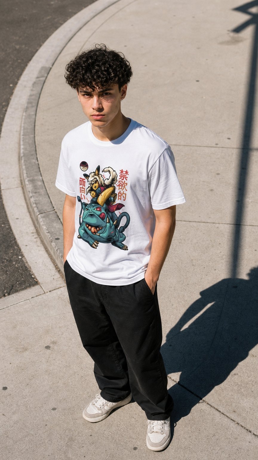 AI product shot of T-shirt Adulte Éco-conçu "Pikaya Ero Sennin" – Inspiré de Jiraya, Pikachu & Bulbizarre