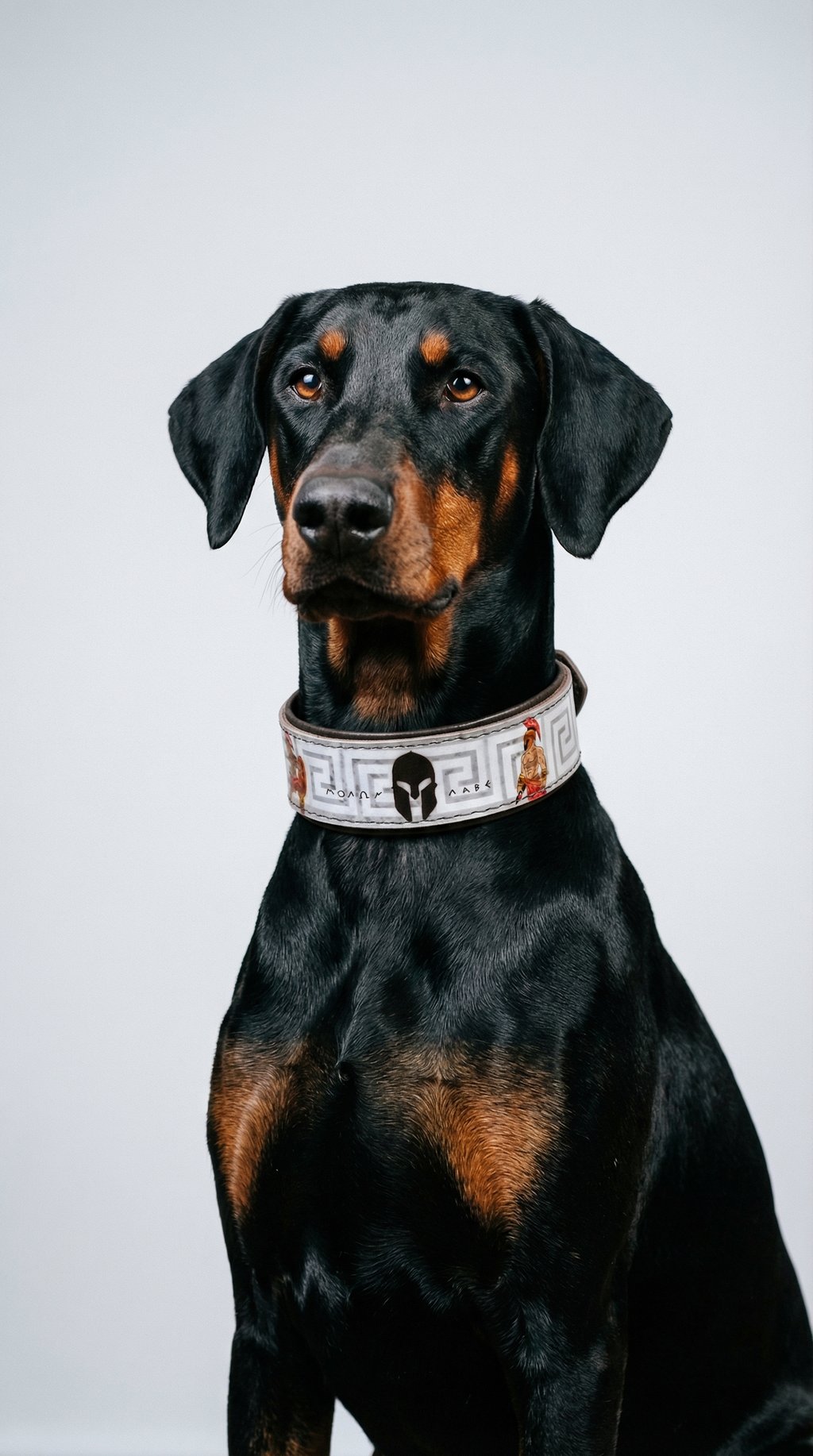 AI product shot of Spartan Leather Dog Collar Molon Lave