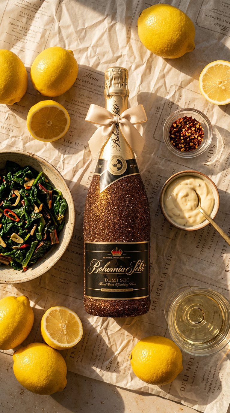 AI product shot of Bohemia Sekt Demi Sec – Měděná zdobená lahev