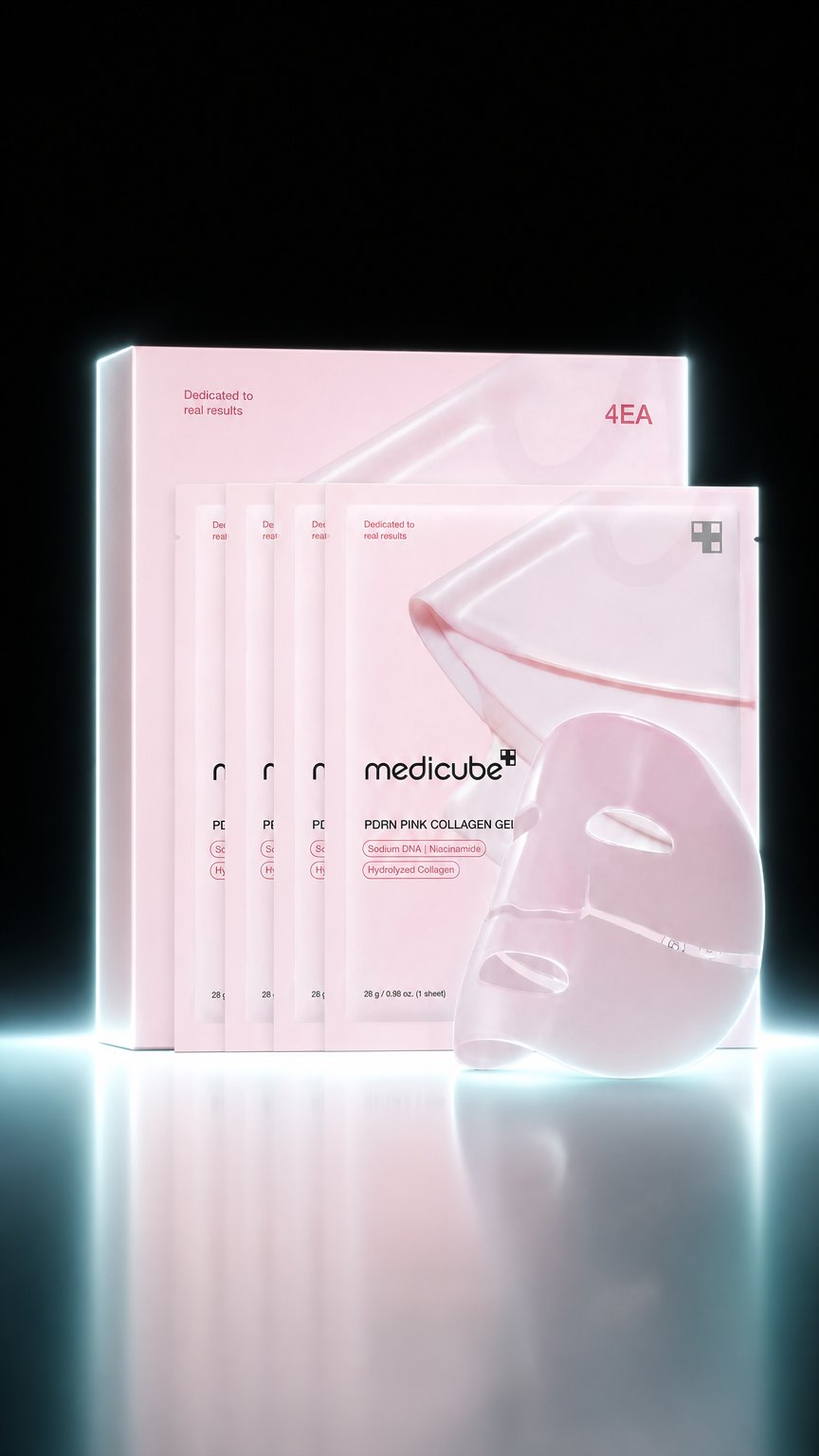 AI product shot of Medicube PDRN Pink Collagen Gel Mask – Maschera Rimpolpante 4 Pezzi da 28g