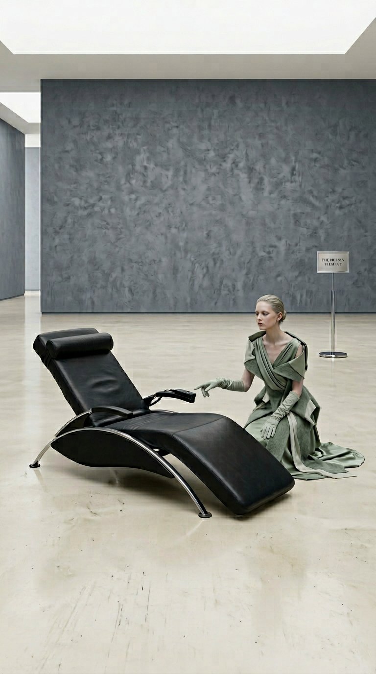 AI product shot of FA. DEWERT. Elektronisk loungestol, krom, läder.