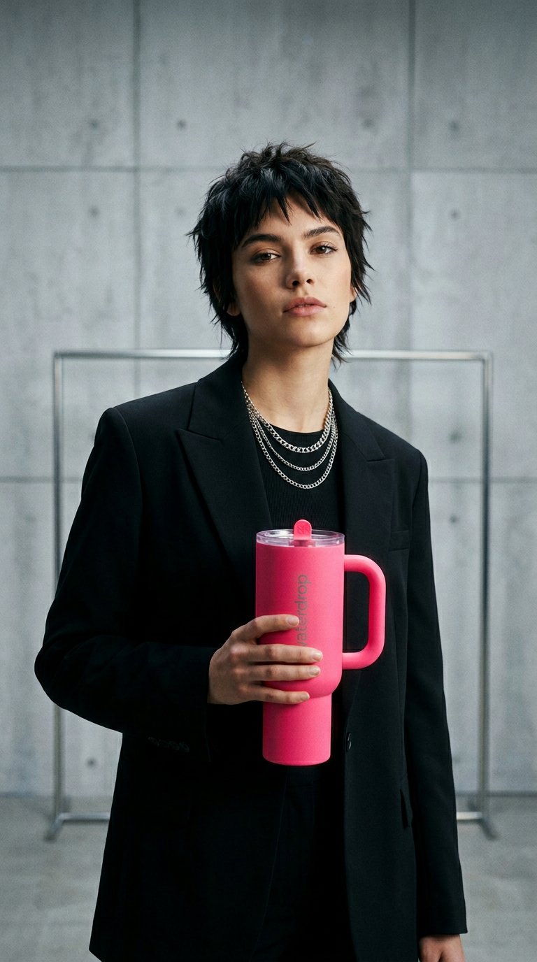 AI product shot of Neon Pink Explorer Thermo Tumbler