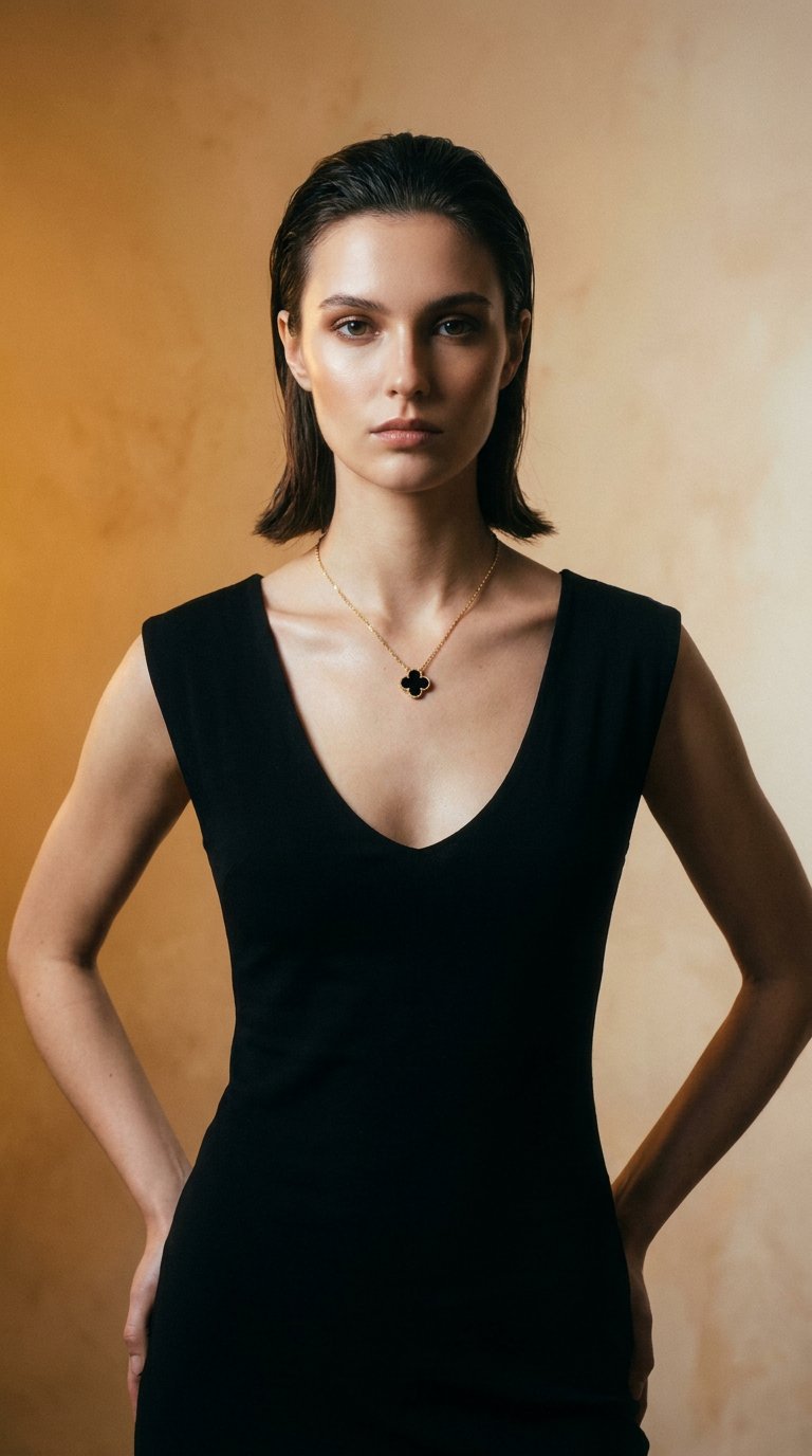 AI product shot of Black Onyx 15mm 18K Gold Plated Motif Necklace