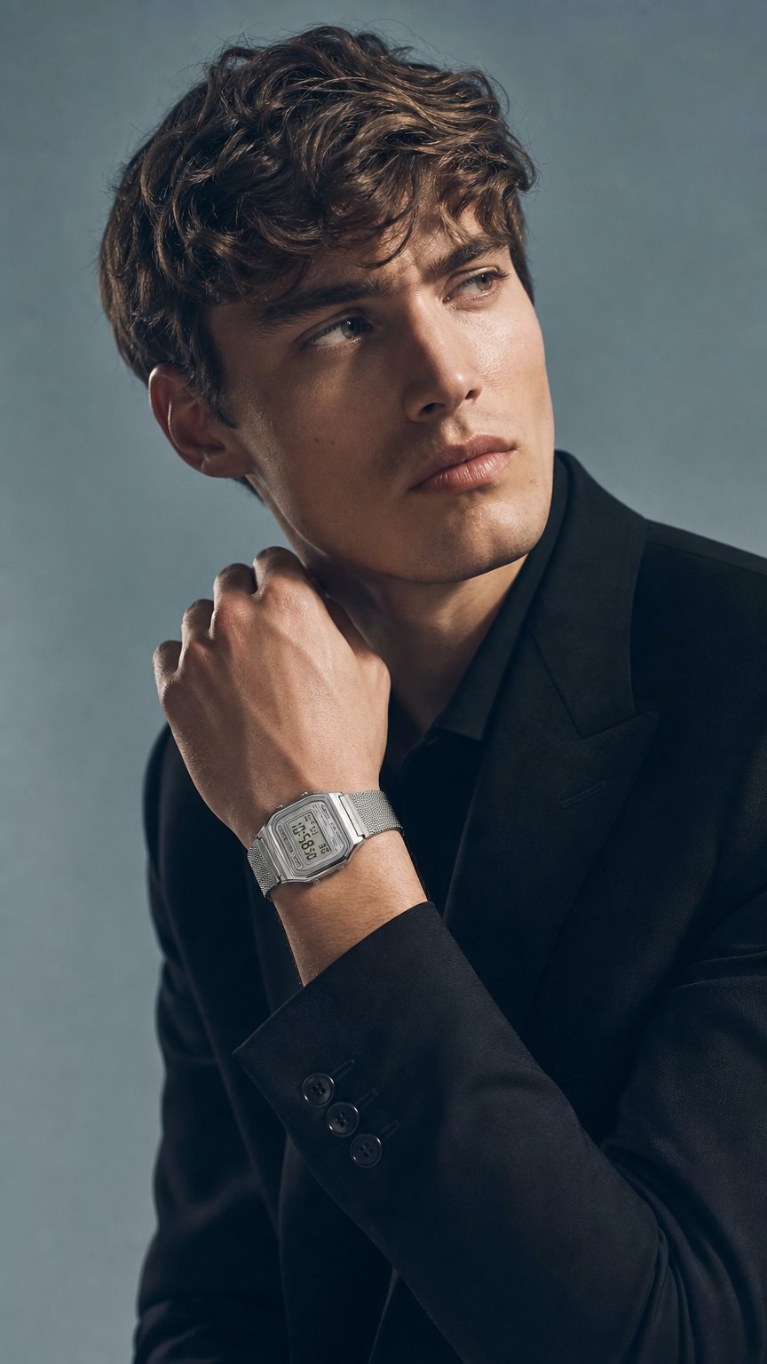 AI product shot of MODÈLE CASIO VINTAGE ICONIC A158WEM‑7