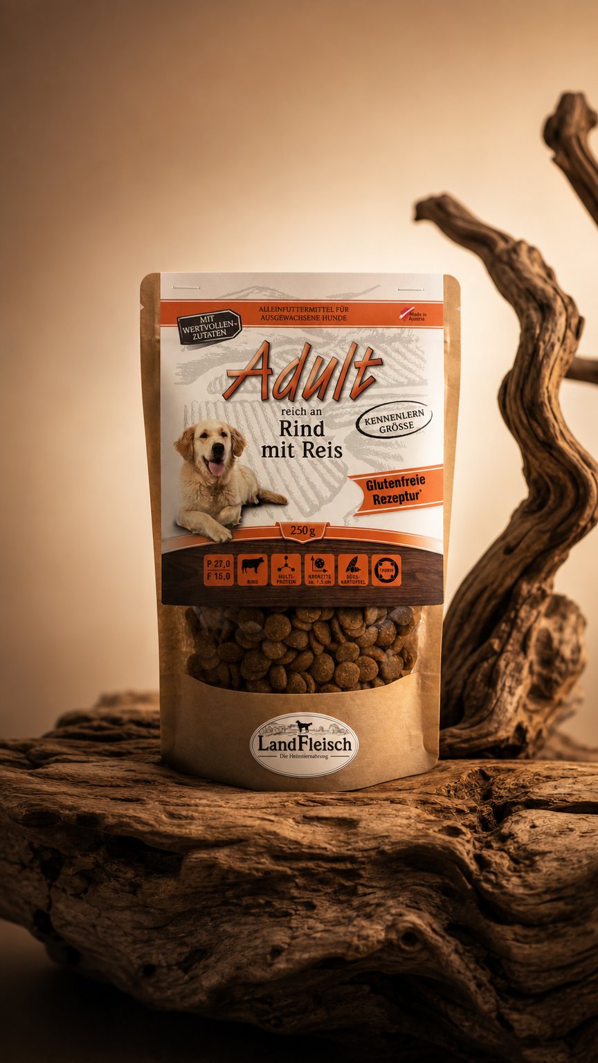 AI product shot of LandFleisch Dog Trocken Adult Rind mit Reis