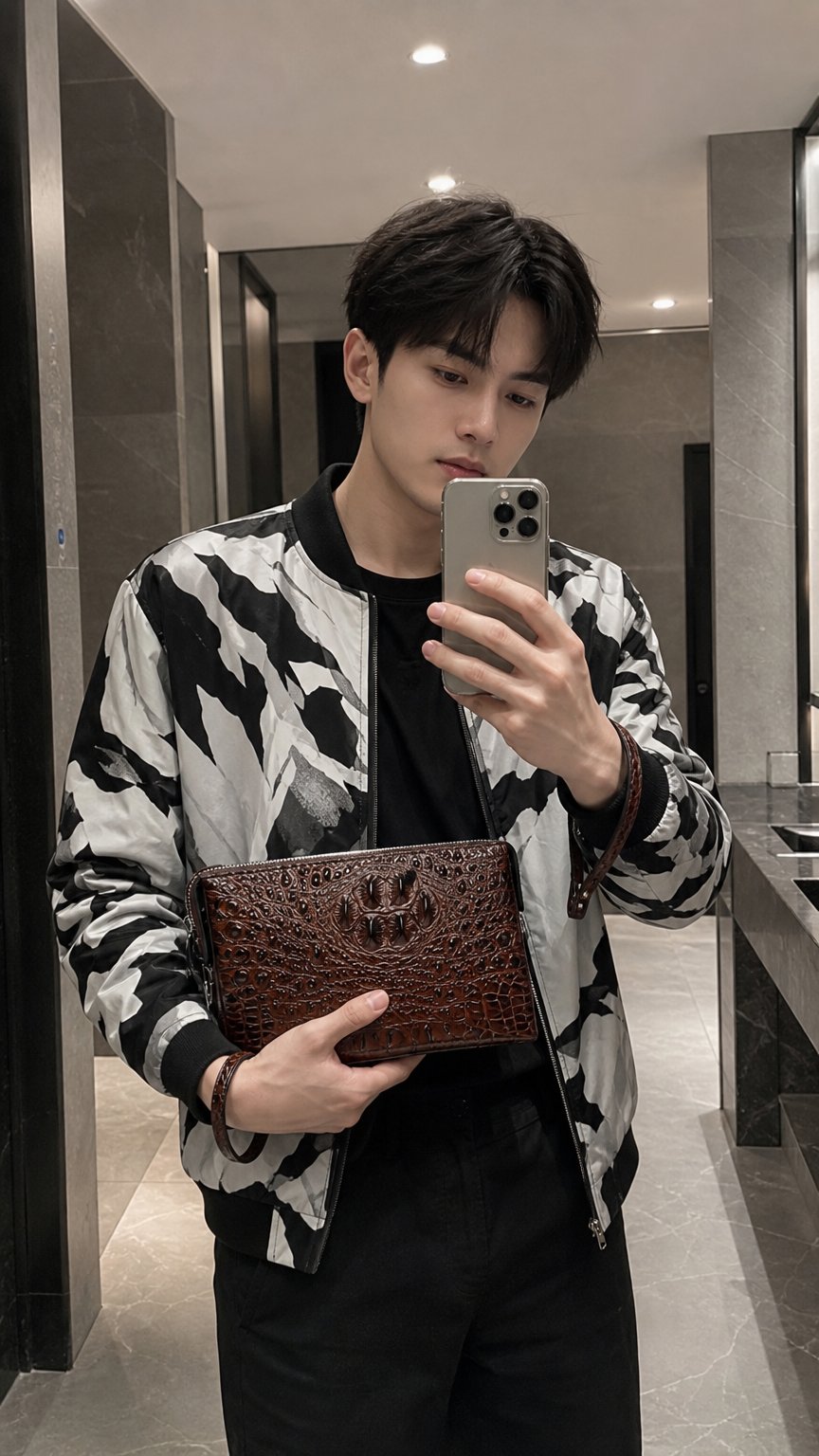 AI product shot of Stylish Business and Leisure Cowhide Leather Handbag with Crocodile Pattern for Men - Large Capacity Grab Bag
