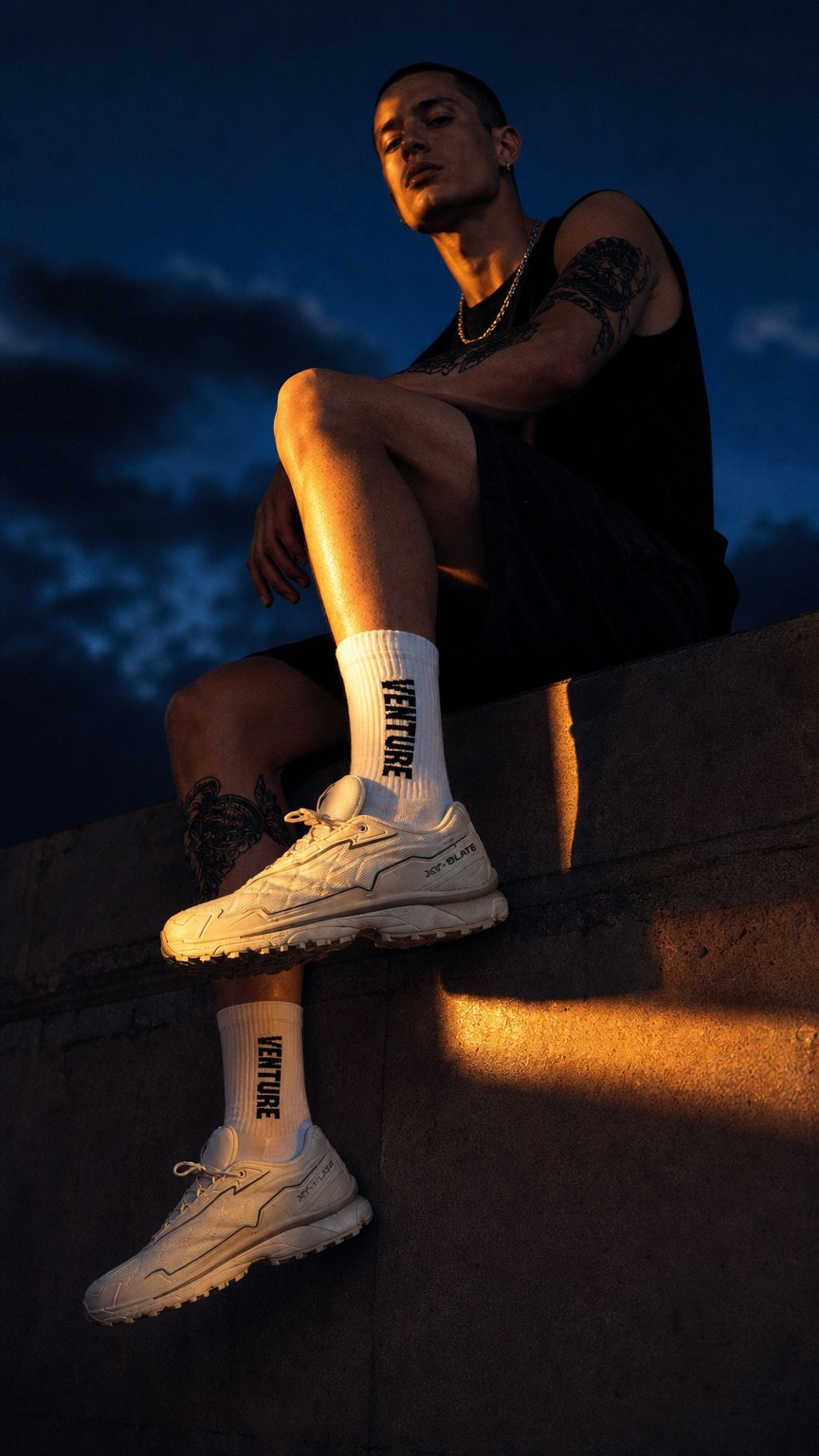 AI product shot of VENTURE SOCKS WHITE