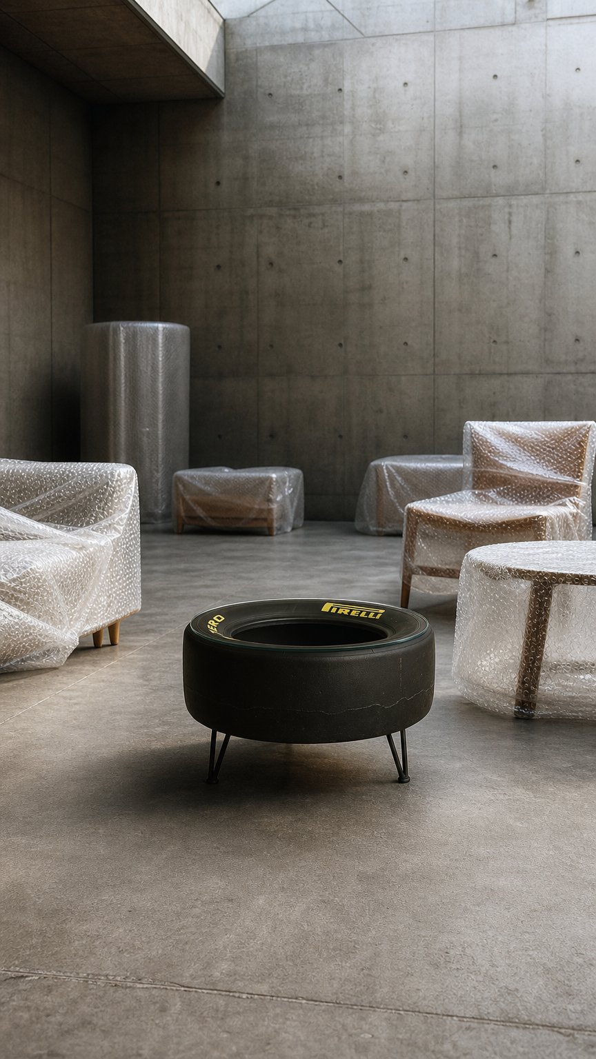 AI product shot of Racing Tyre Coffee Table | Handmade Car Rim Table for Man Cave, Garage Decor & Auto Enthusiasts | Unique Motorsport Furniture