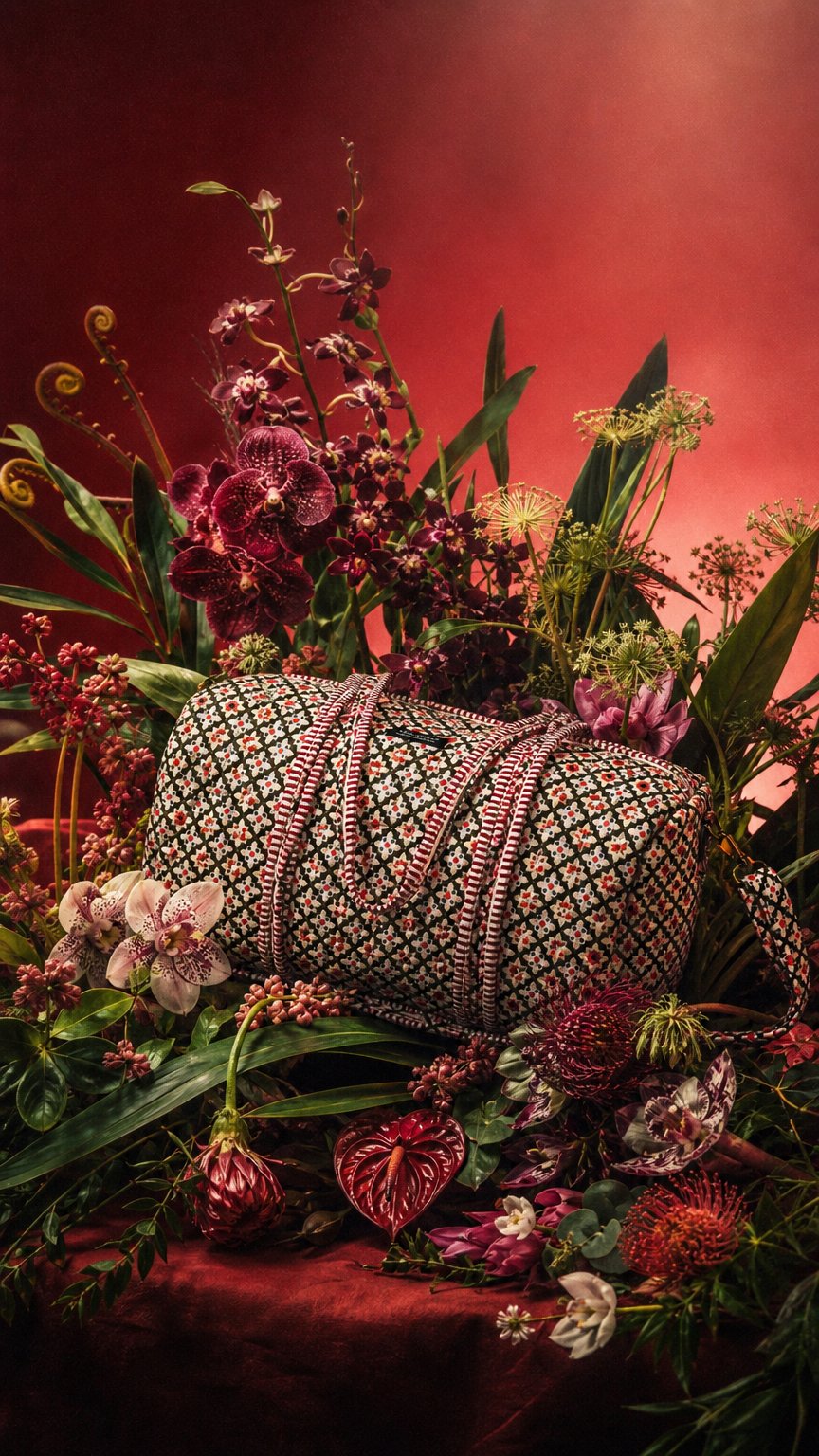 AI product shot of Black & Red White Floral Print Designer Pure Cotton Duffle bag