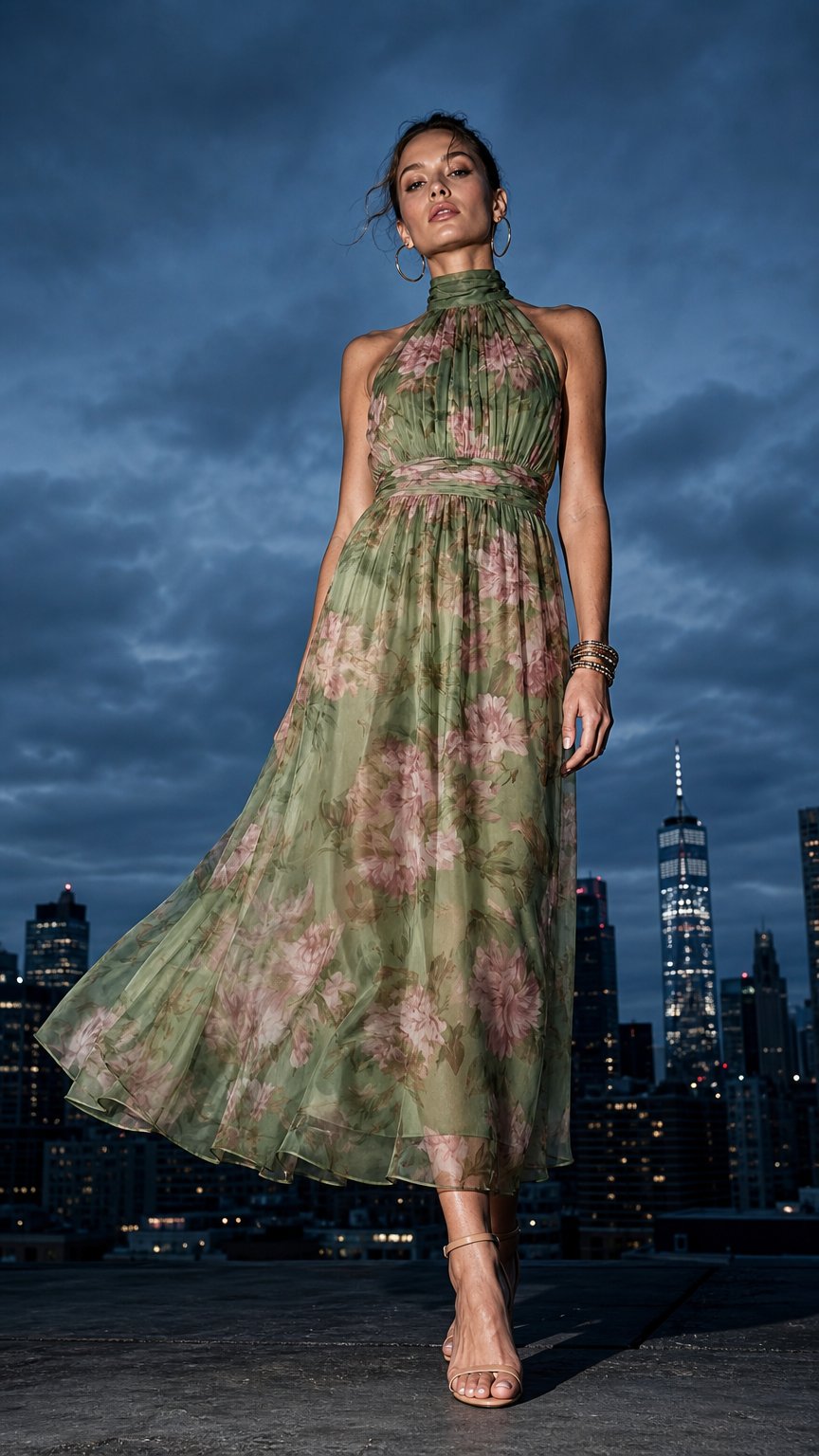 AI product shot of Mirelle | Gathered Halter Midi Dress