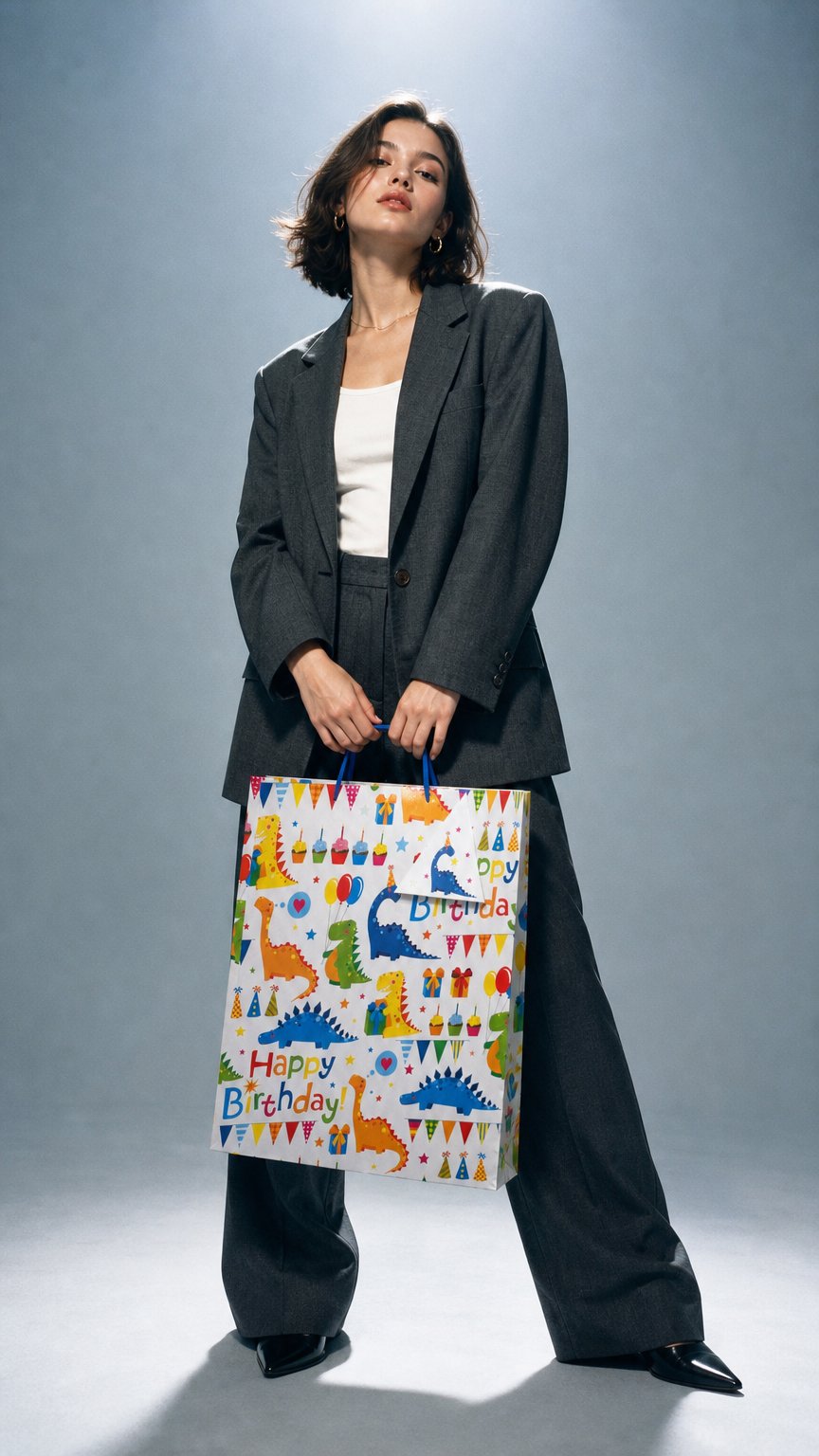 AI product shot of Pibi Happy Birthday dinosaur Themed Gift Bags Large ( 26 x 11 x 32 cm)