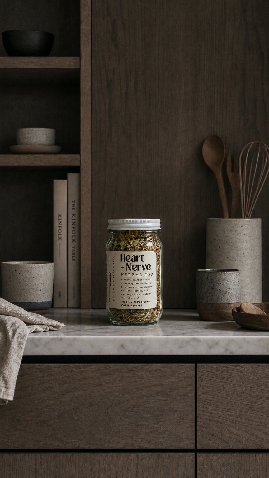 AI product shot of Heart + Nerve - Herbal Organic Loose Leaf Tea
