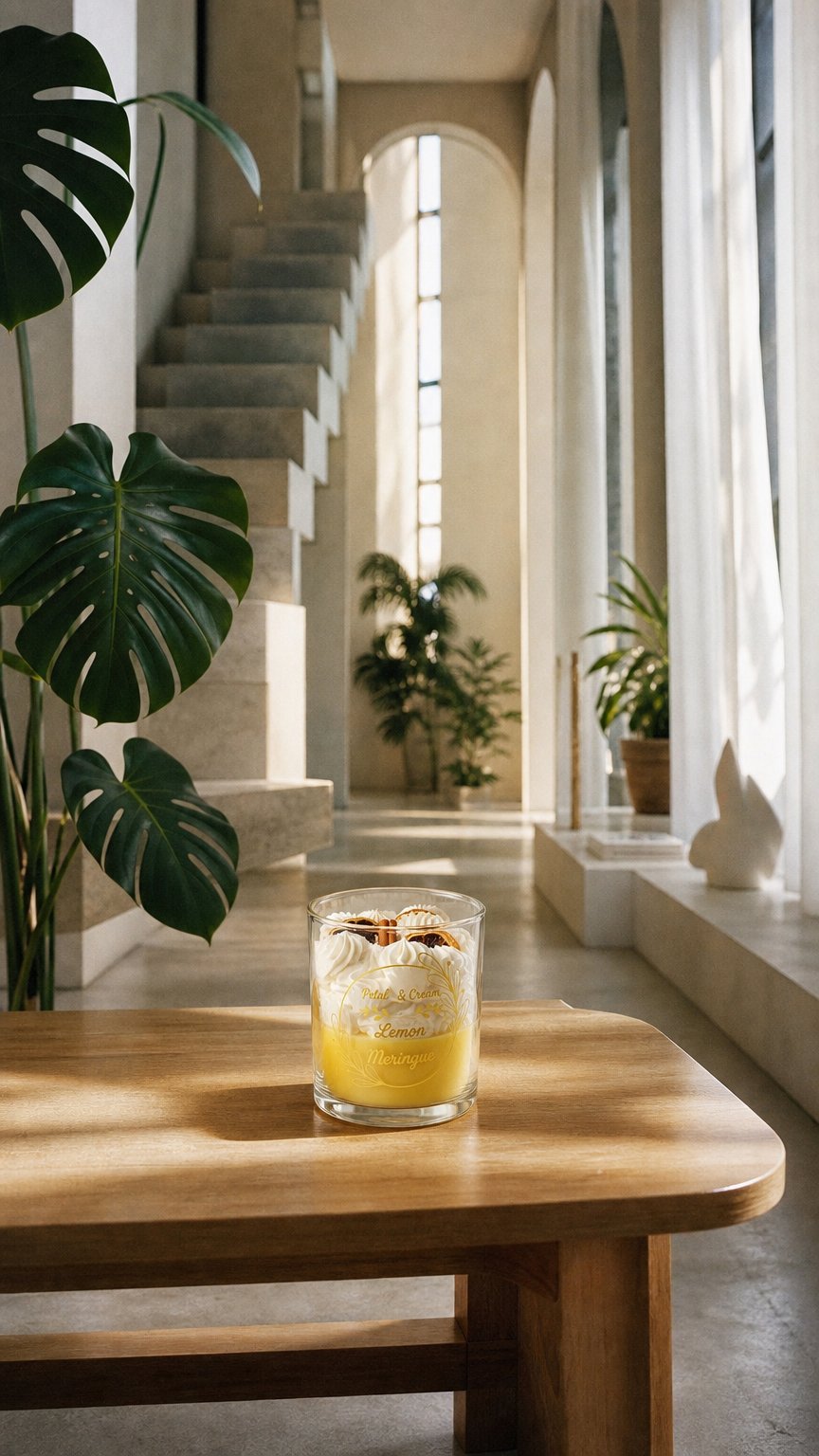 AI product shot of Petal & Cream - Lemon Meringue Candle
