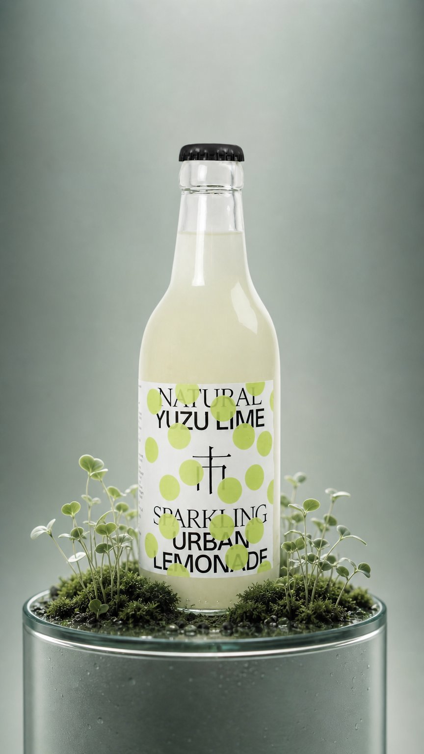 AI product shot of Urban Lemonade Yuzu Lime 33 cl Glas EW
