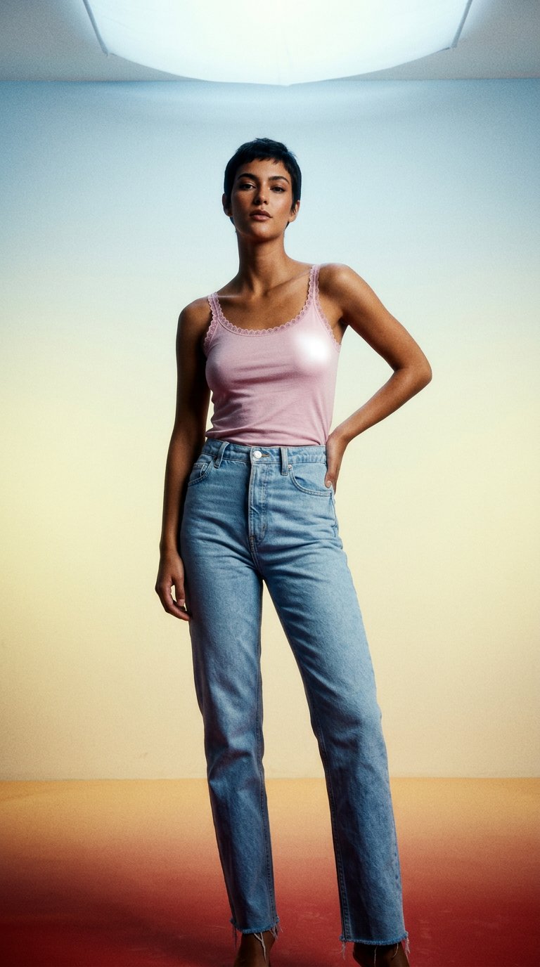 AI product shot of Top Spallini Sottili in Cotone Modal con Pizzo Scollo Tondo