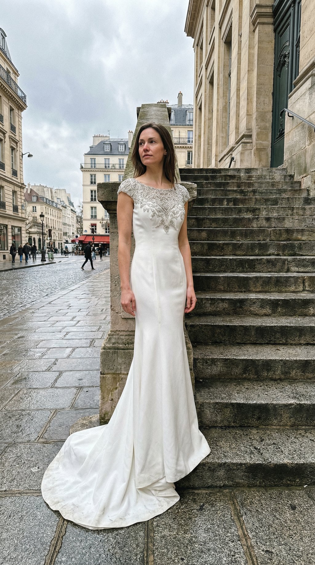 AI product shot of Sottero & Midgely Couture 8SC662 crepe and crystal wedding dress