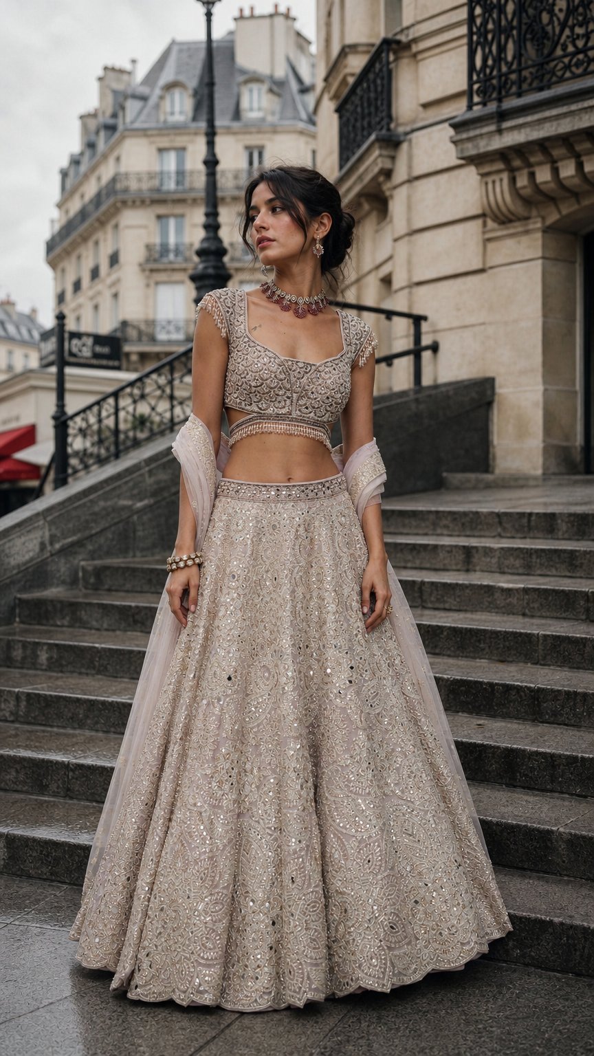 AI product shot of CHAMPAGNE OPAL EMBROIDERED LEHENGA SET