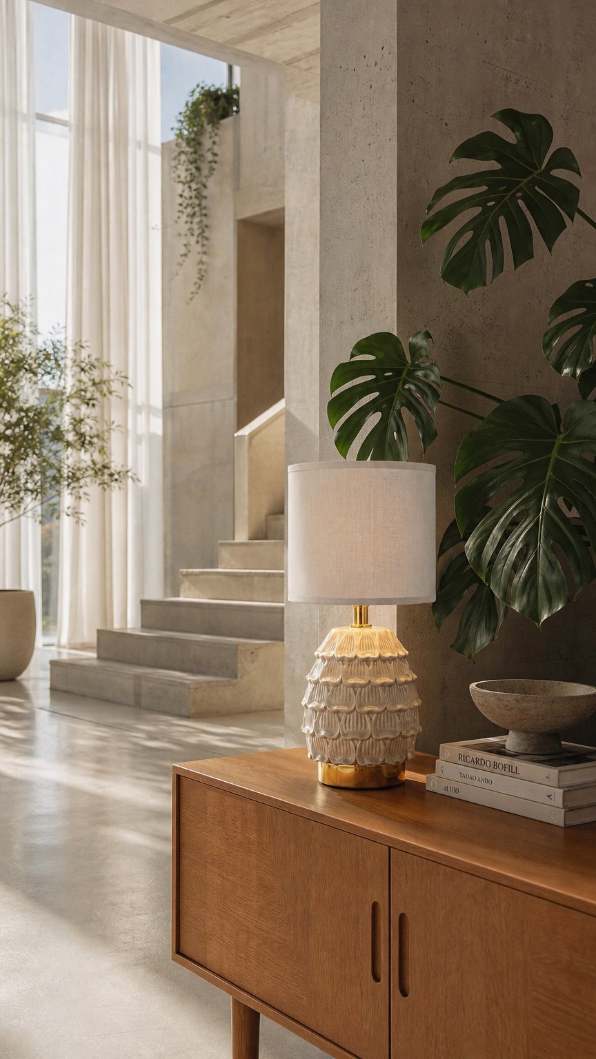 AI product shot of Lampada da Comodino con Base in Ceramica e Paralume in Tessuto Naturale