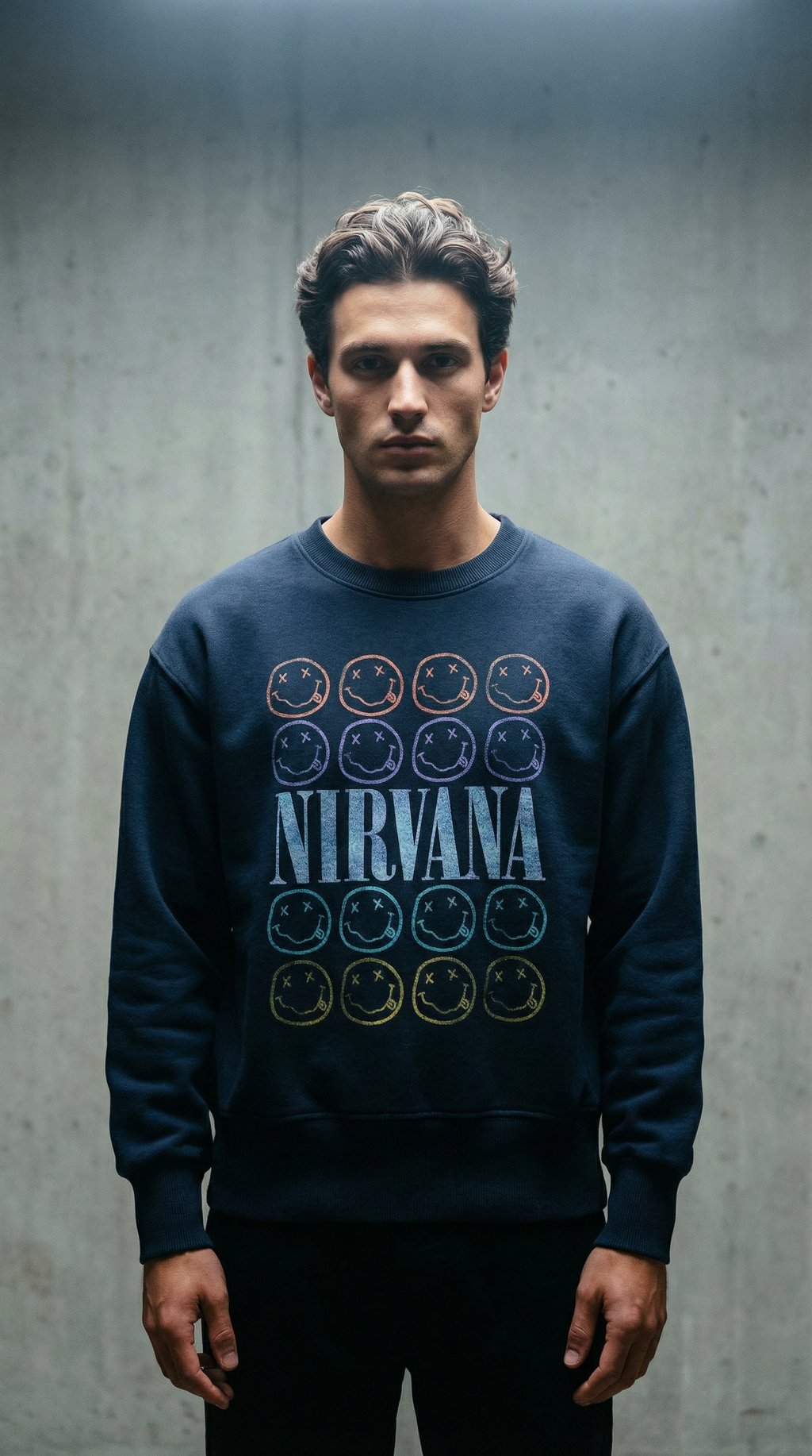AI product shot of Nirvana Rainbow Smiley Crewneck