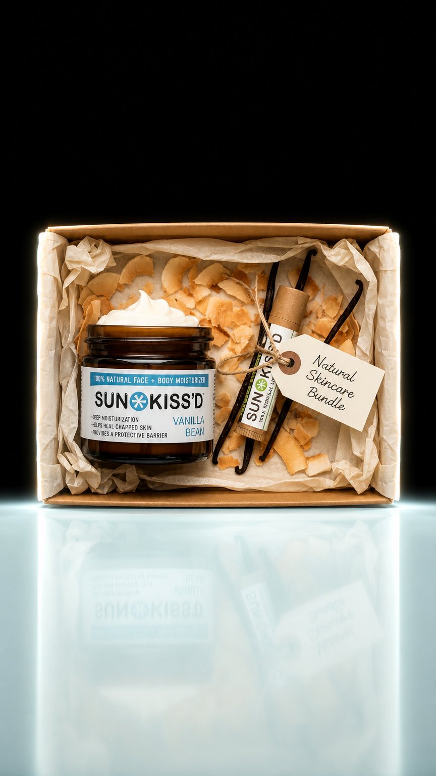 AI product shot of Coastal Sunrise Skincare Gift Set – Vanilla Moisturizer & Coconut Lip Balm