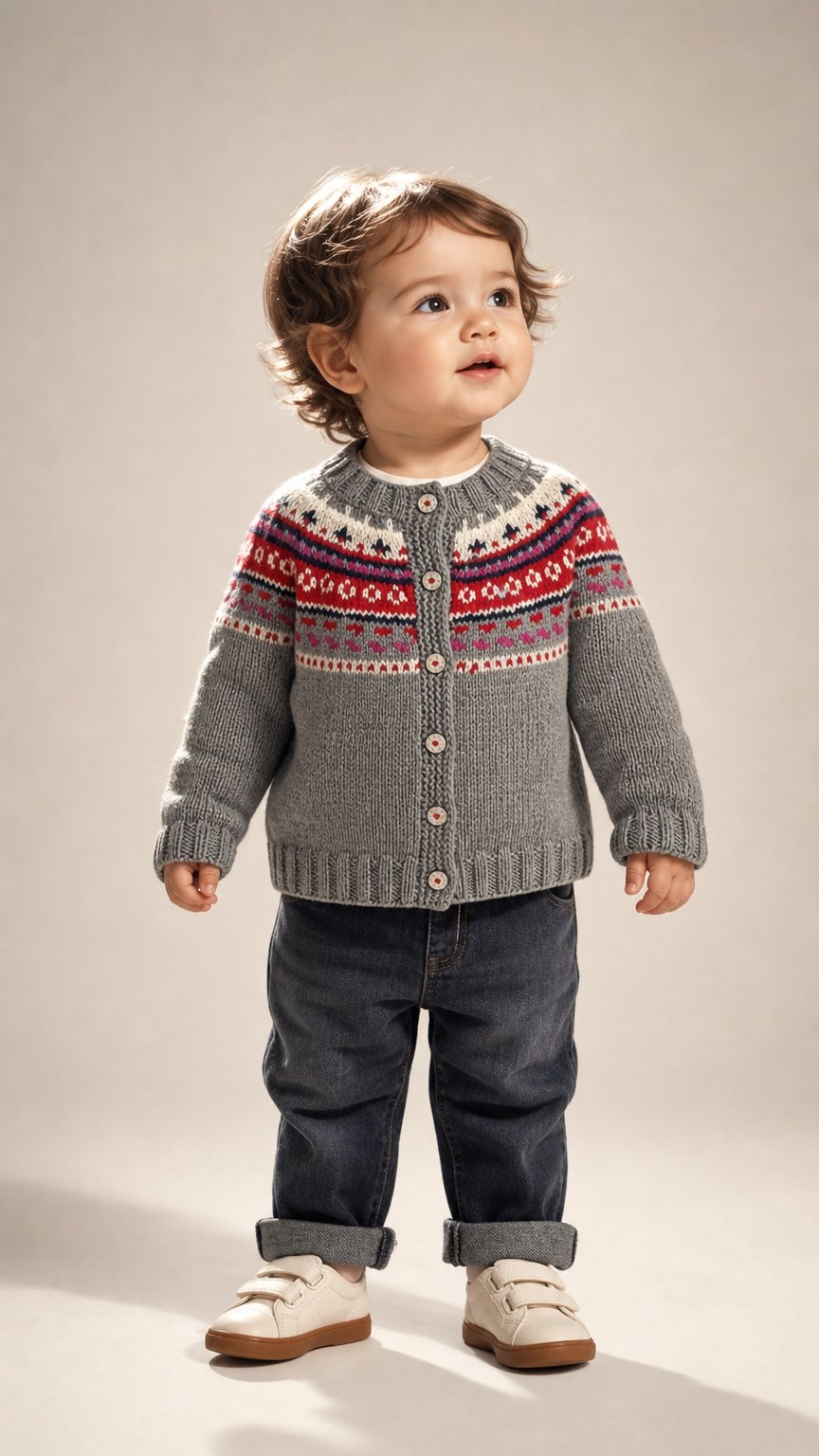 AI product shot of Hand Knit Merino Wool Baby Cardigan: Icelandic Fair Isle Sweater