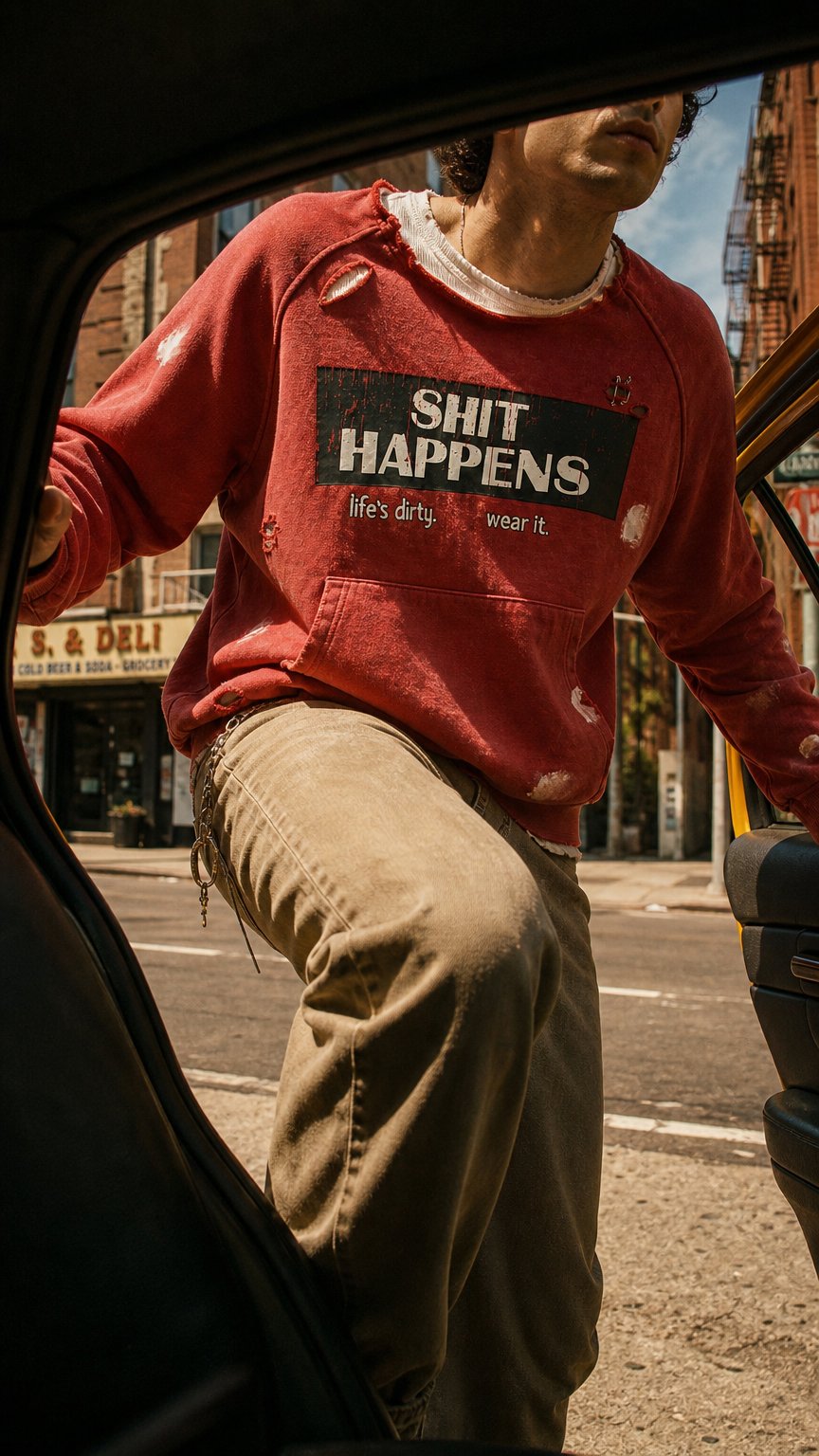 AI product shot of Sh*t Happens Crewneck