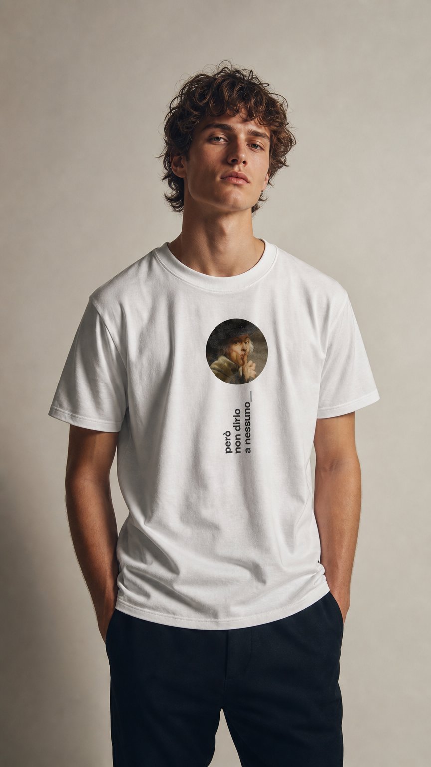 AI product shot of t-shirt però non dirlo a nessuno
