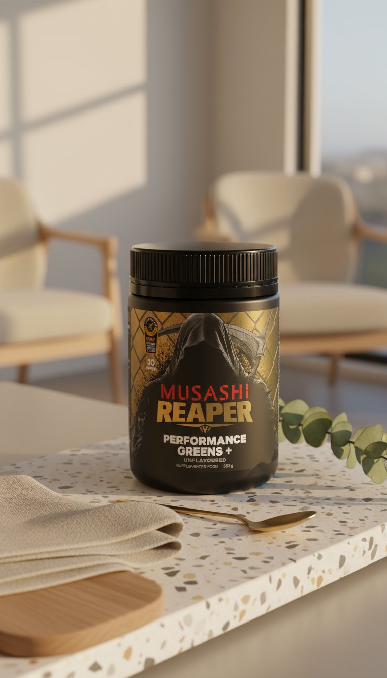 AI product shot of REAPER PERFORMANCE GREENS+ UNFLAVOURED OR FLAVOURED 300g