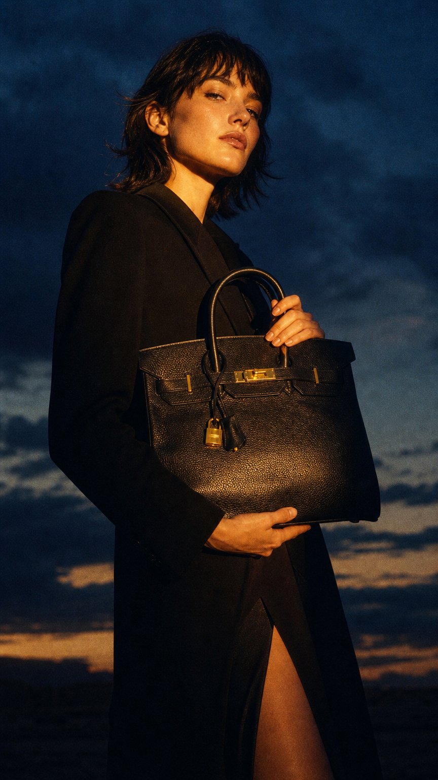AI product shot of Birkin 35 Black Ardennes Gold Plated Z Circle Stamp
