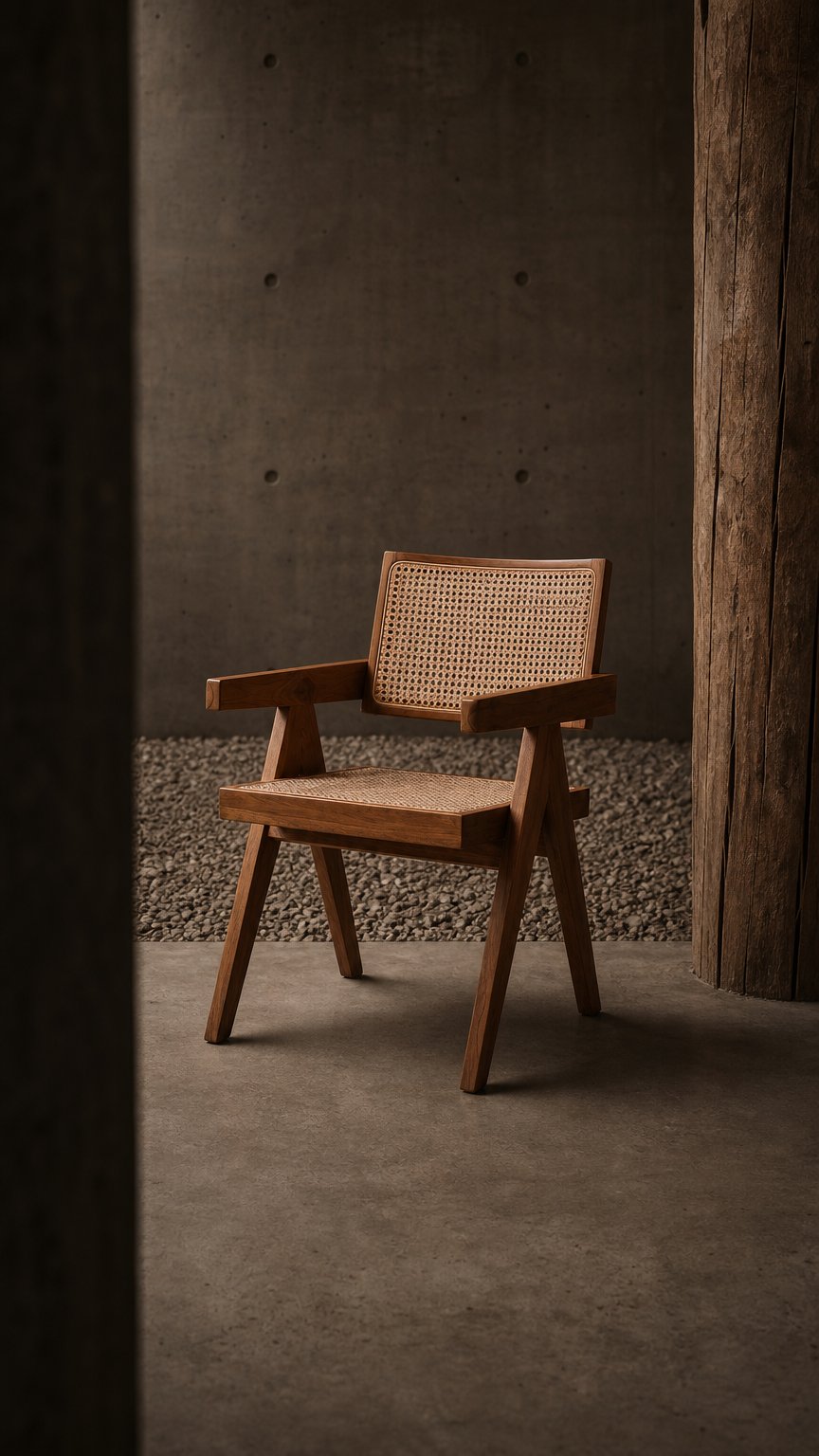 AI product shot of Designstuhl Vevani mit Armlehnen aus massivem Teakholz und klassischem Wiener Geflecht