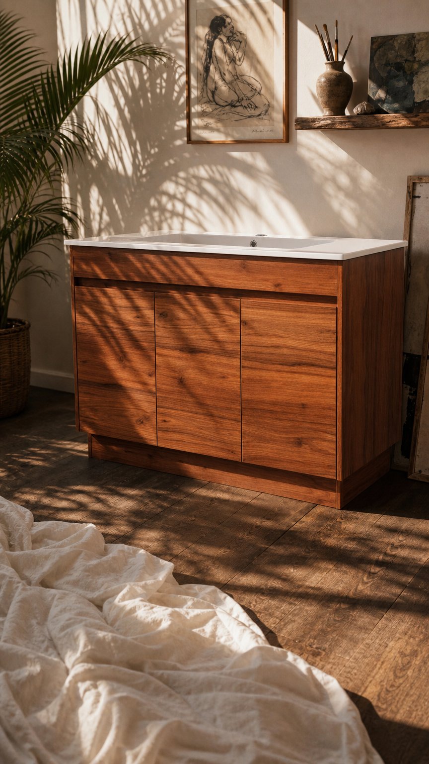 AI product shot of Clarke Walnut 1200 Floor Mount Timber Laminate Vanity