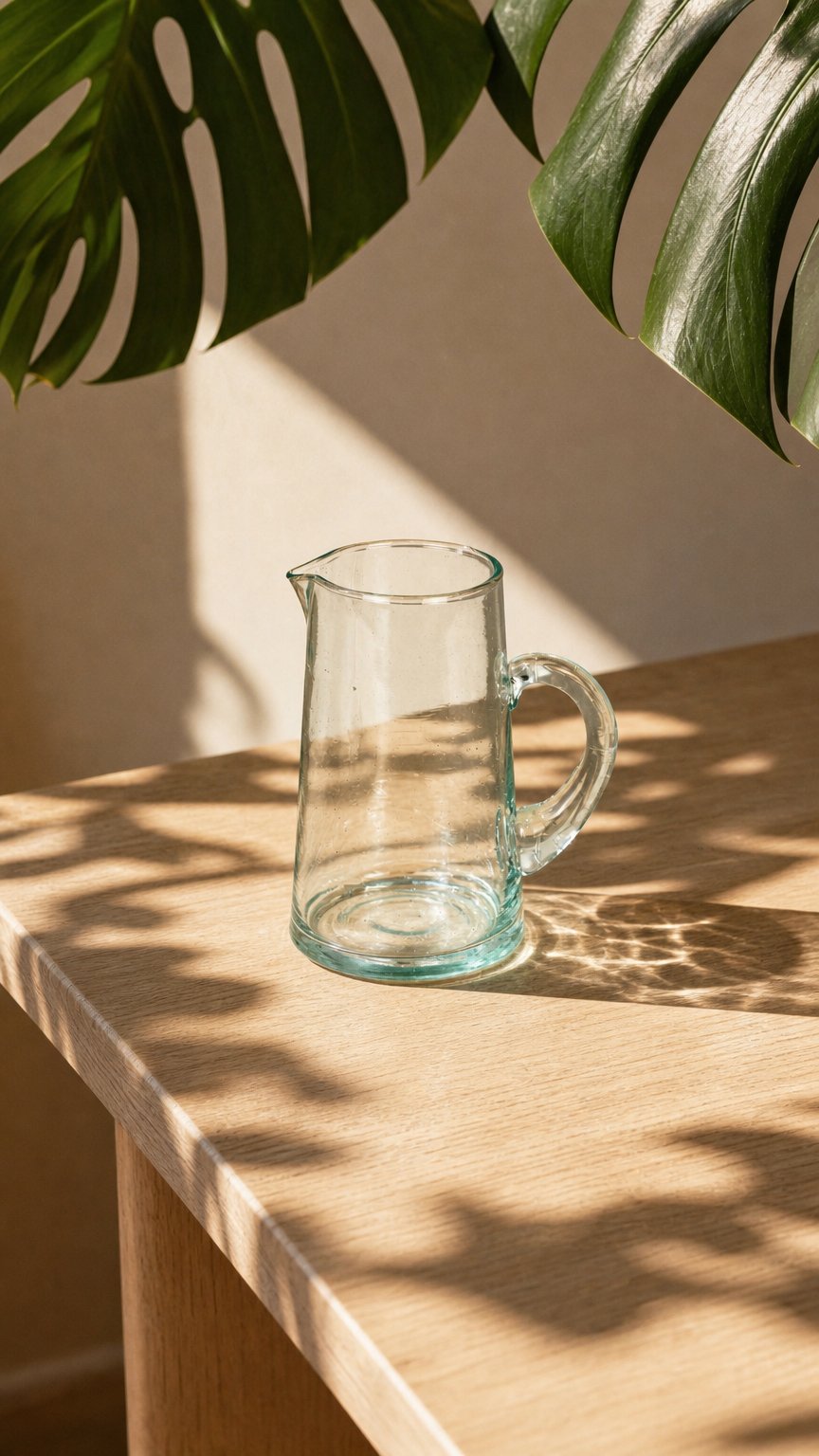AI product shot of Glaskaraffe klein - mundgeblasen, zeitlos, aus recyceltem Glas