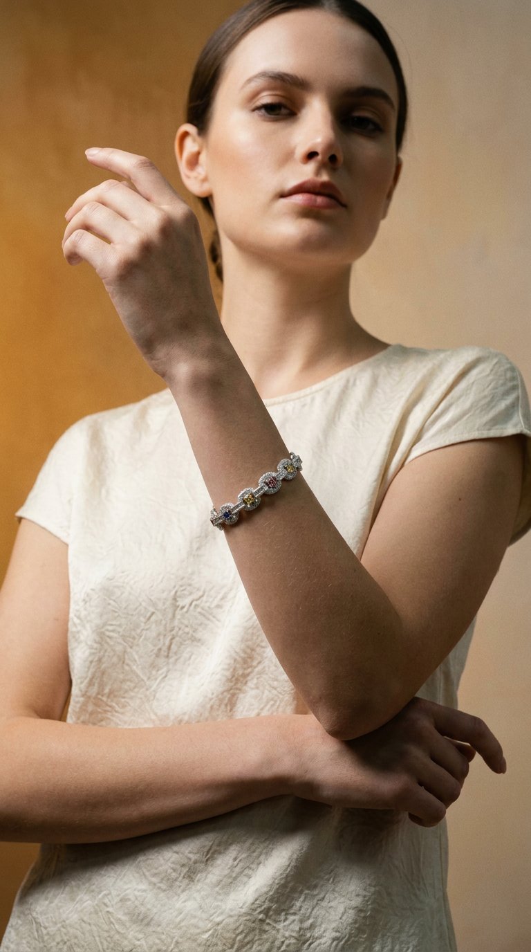 AI product shot of 925 Silver and VVS Moissanite Baguette and Bracelet