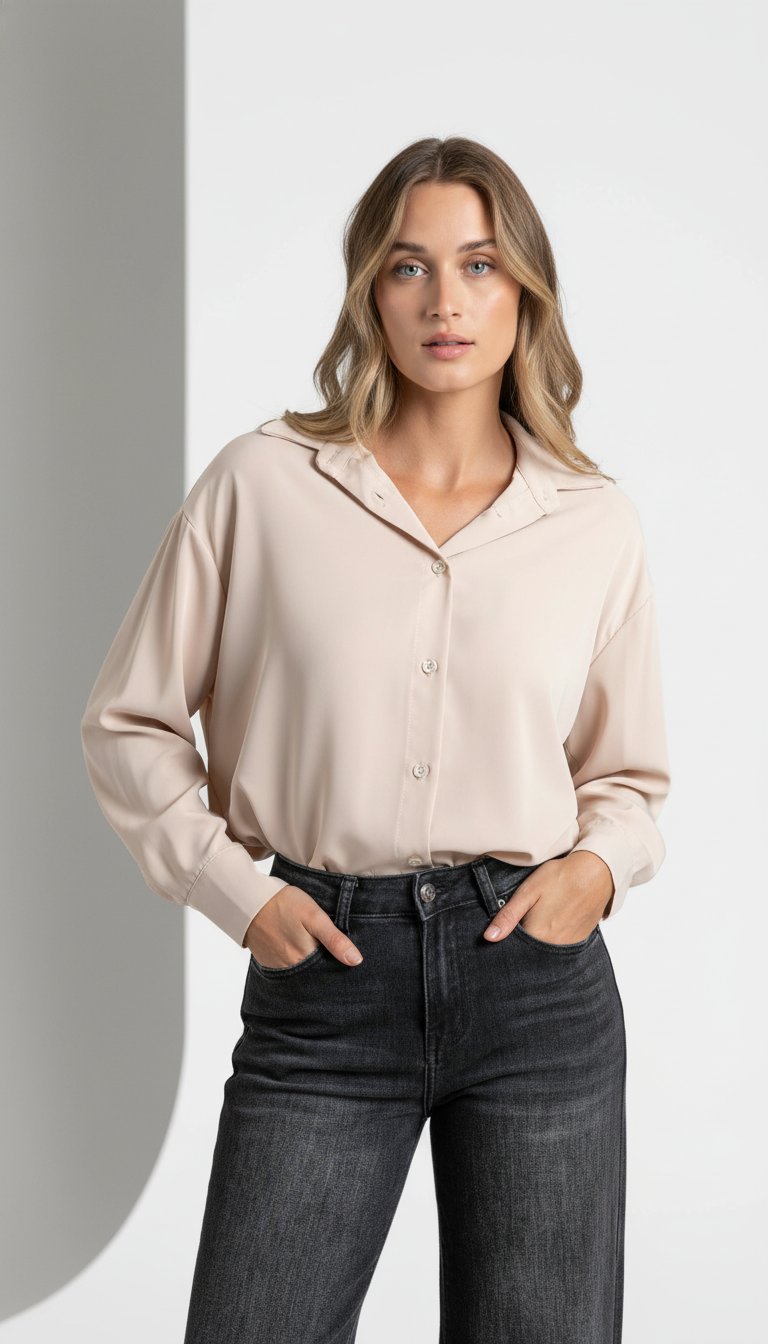 AI product shot of Lena Fluid Fabric Rounded Hem Detail Blouse in Beige