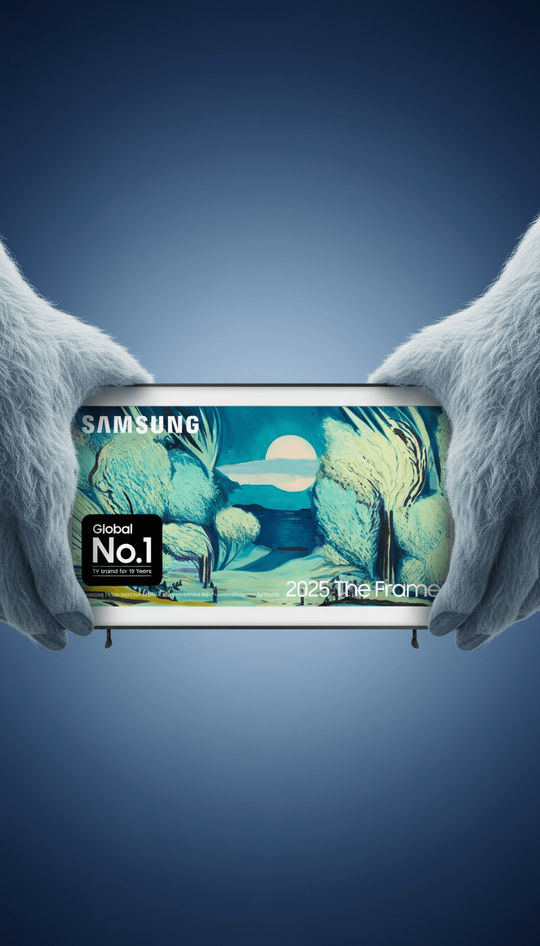 AI product shot of Samsung The Frame (2025) QLED Art Mode Smart AI TV with Slim Fit Wall Mount, 55 inch