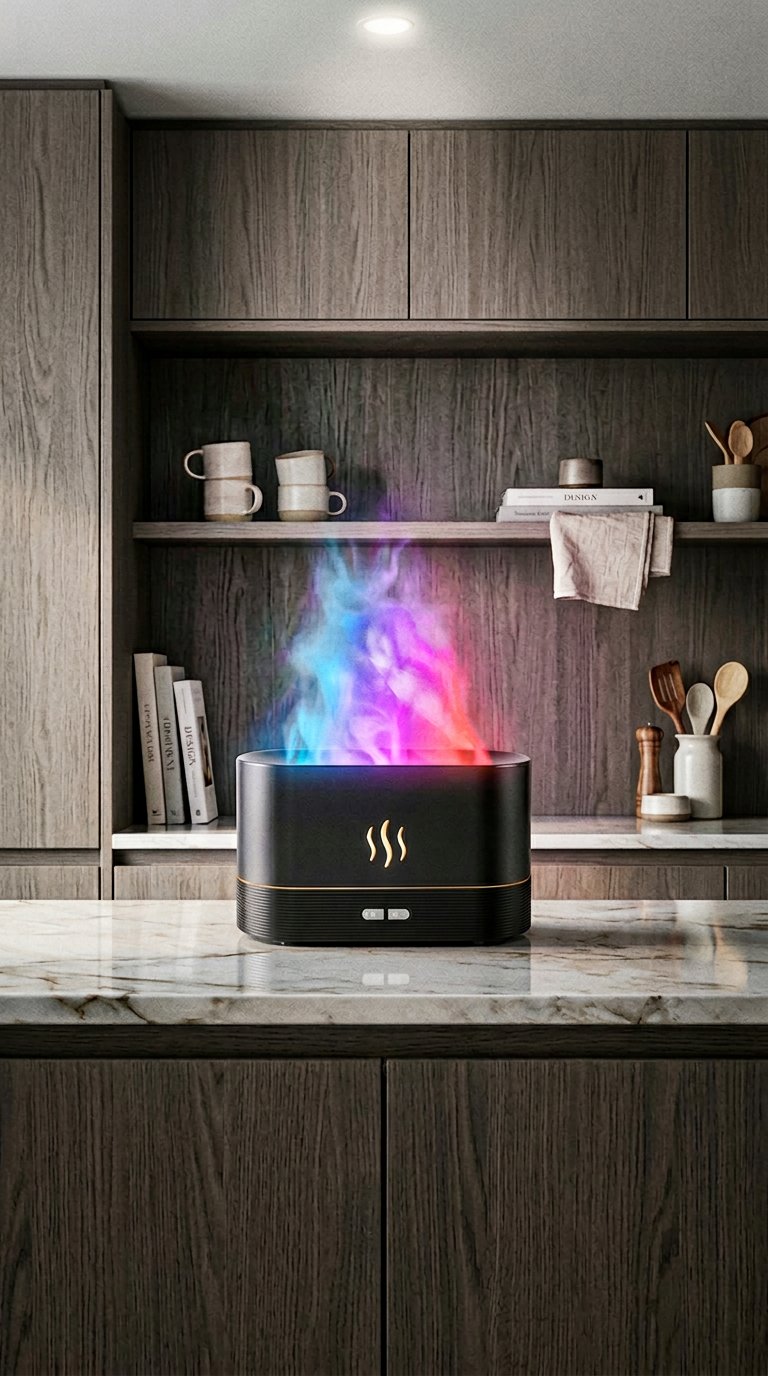 AI product shot of Kinscoter FlameGlow™ Aroma Diffuser – Ultrasonic Cool Mist Humidifier & Essential Oil Lamp in One