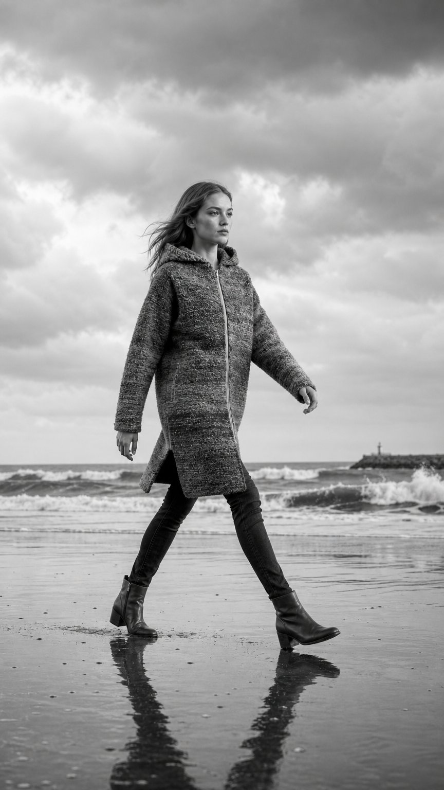 AI product shot of PLAN D COUTURE Knitted denim long jacket