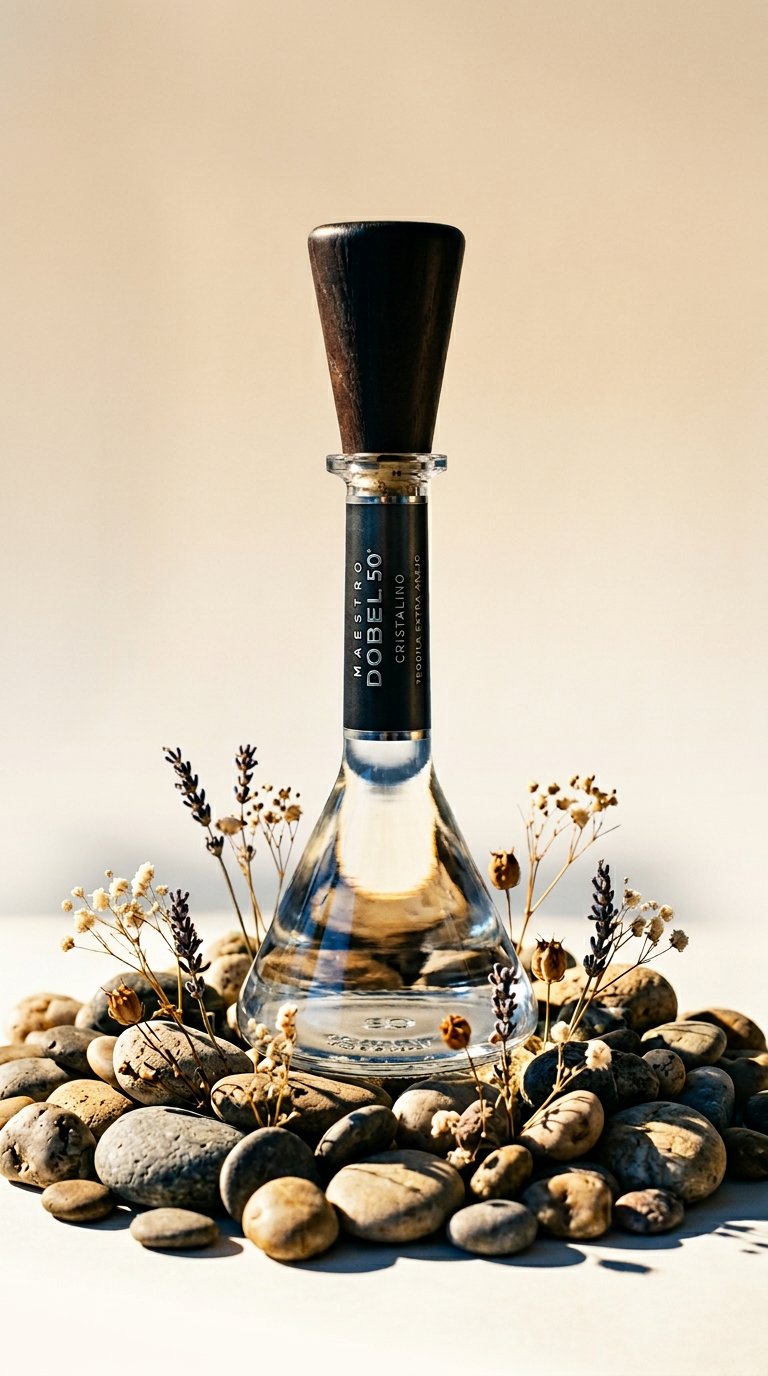 AI product shot of MAESTRO DOBEL 50 CRISTALINO EXTRA AÑEJO TEQUILA + KUTIJA 0,7 L