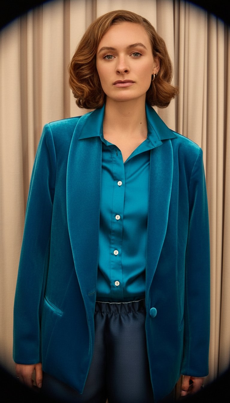AI product shot of Petrol Blue Velvet Jacket Blazer