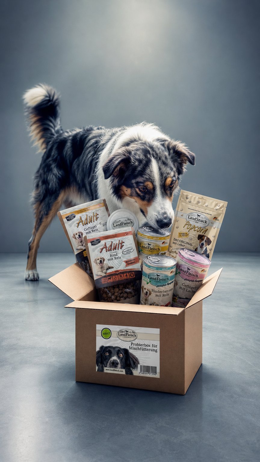 AI product shot of LandFleisch Dog Probierbox Mischfütterung Adult