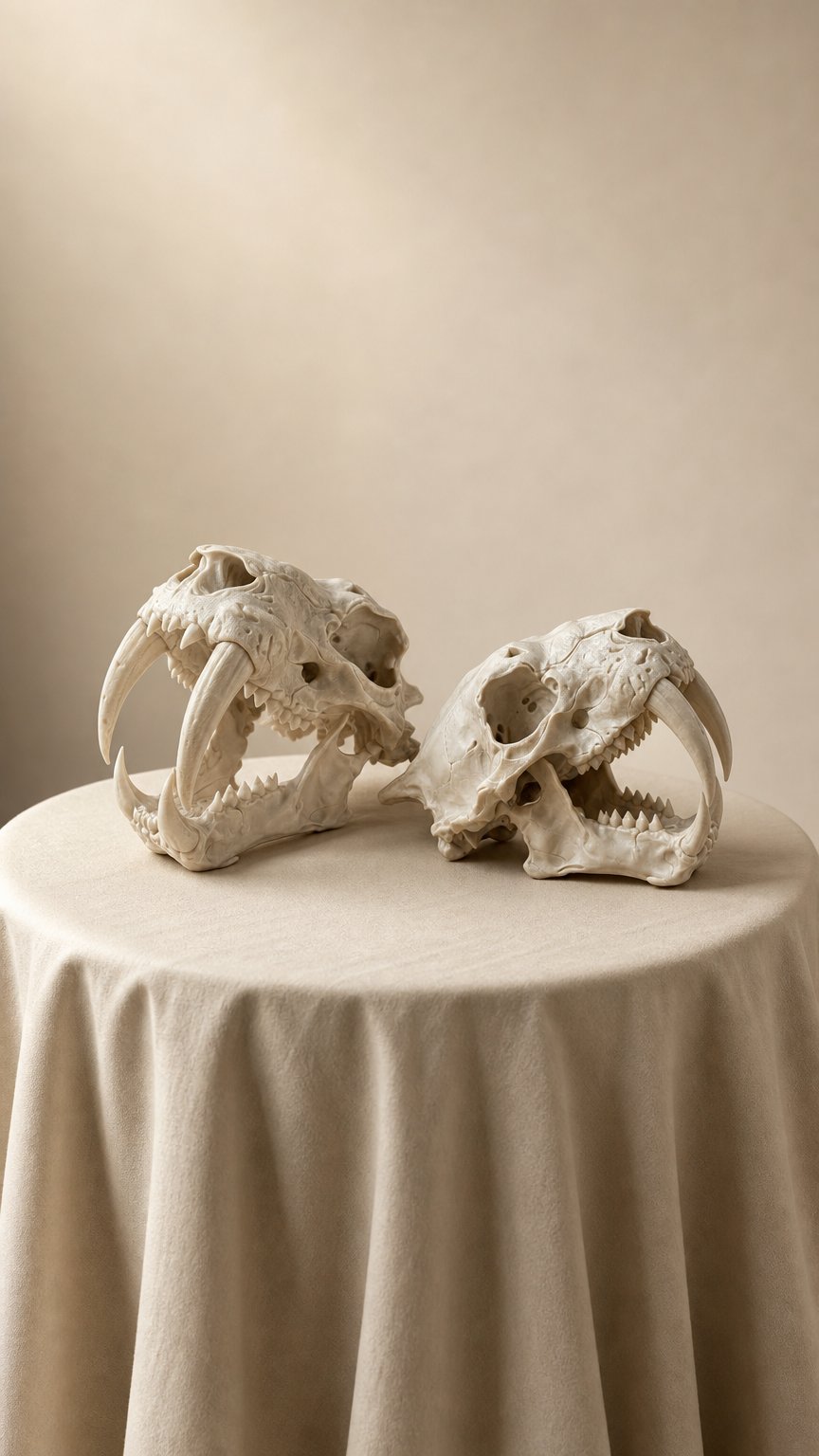AI product shot of Sabre Tooth Tiger Skull — Realistic Smiladon Fossil, Display Quality Replica
