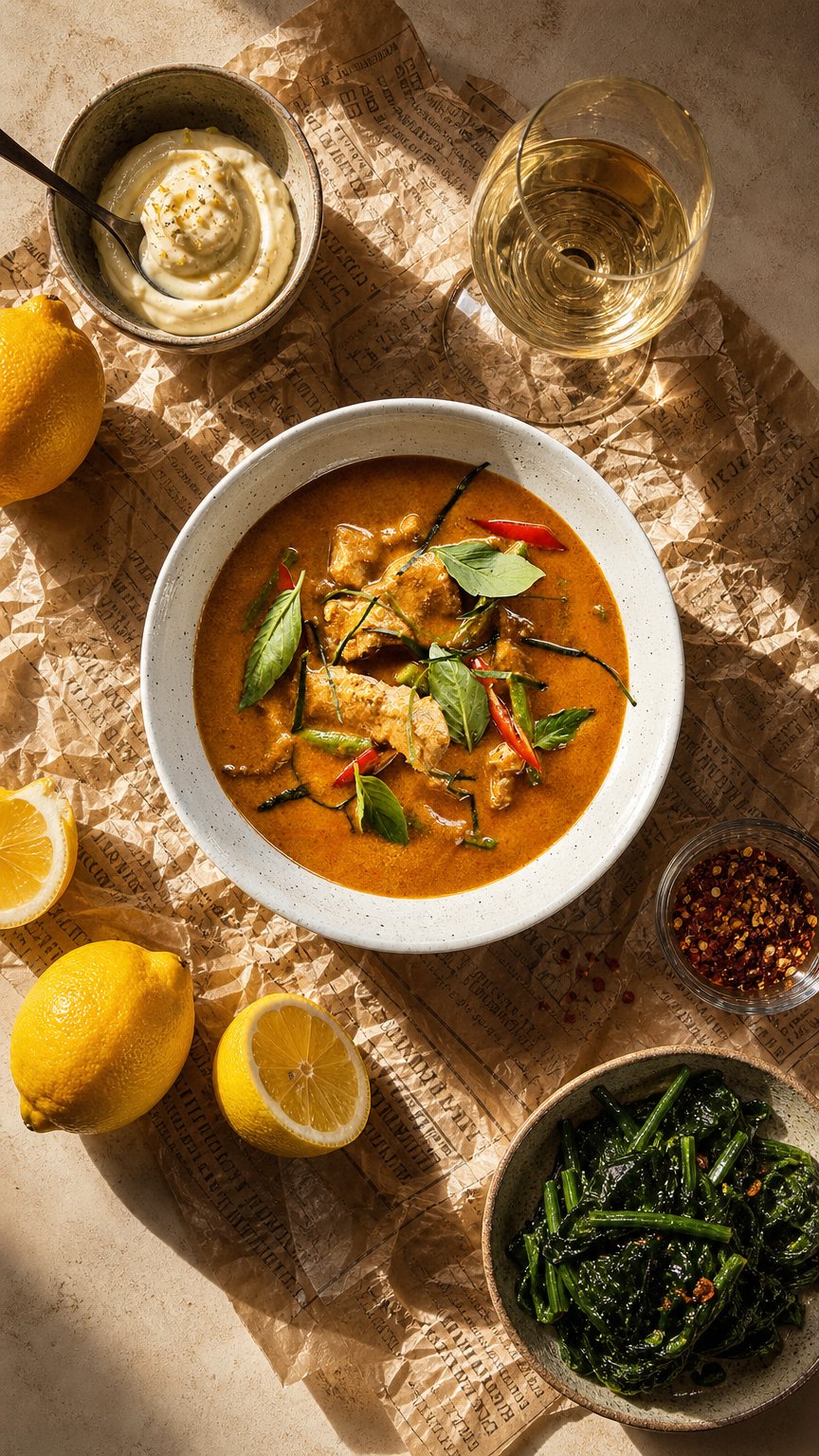 AI product shot of Panang karry med kylling opskrift: Lav panang som på en ægte thailandsk restaurant