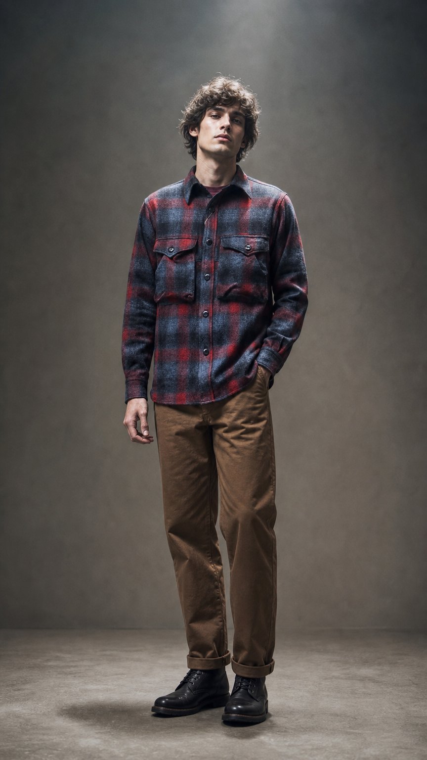 AI product shot of Freewheelers “HIGHBALLER” Ombre Check Wool Logger Shirt (Black X Grey X Red)