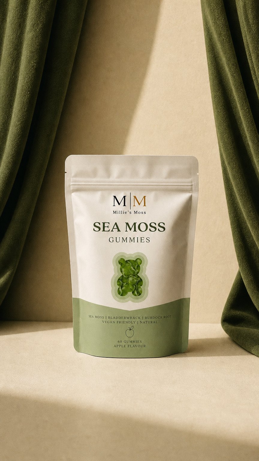 AI product shot of Millie's Moss Apple Sea Moss Gummies
