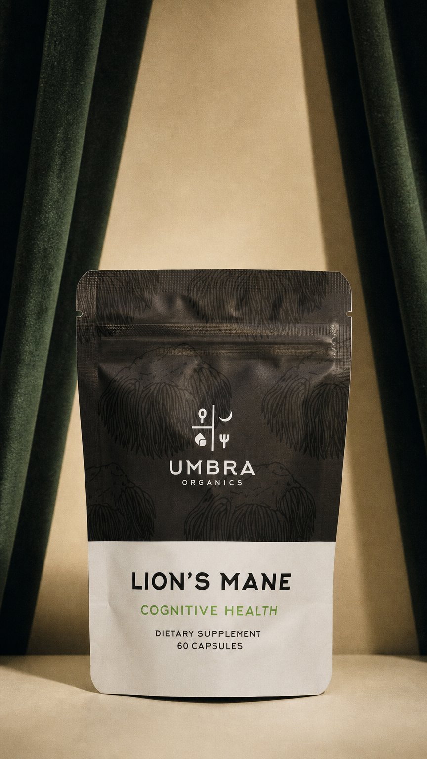 AI product shot of Lion’s Mane Mushroom Capsules