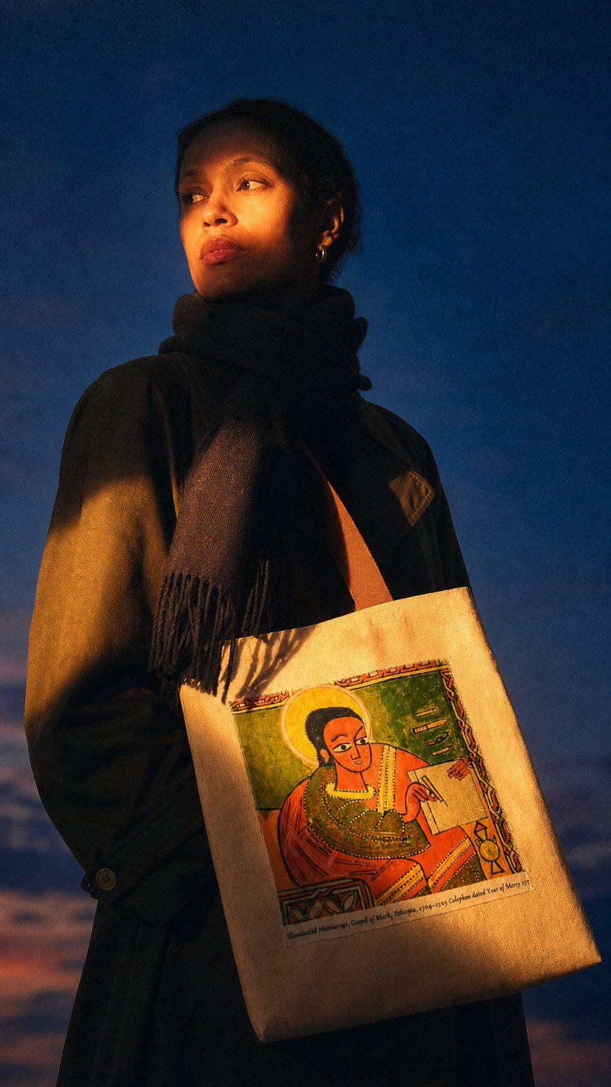 AI product shot of Canvas Tote Bag St. Mark Ethiopian Art