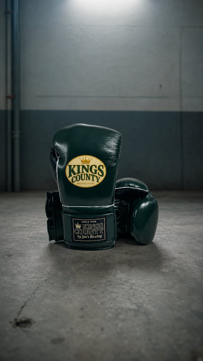 AI product shot of “Greenpoint” KINGS COUNTY CLASSIC HORSEHAIR BOXING GLOVES (Velcro) (16oz)